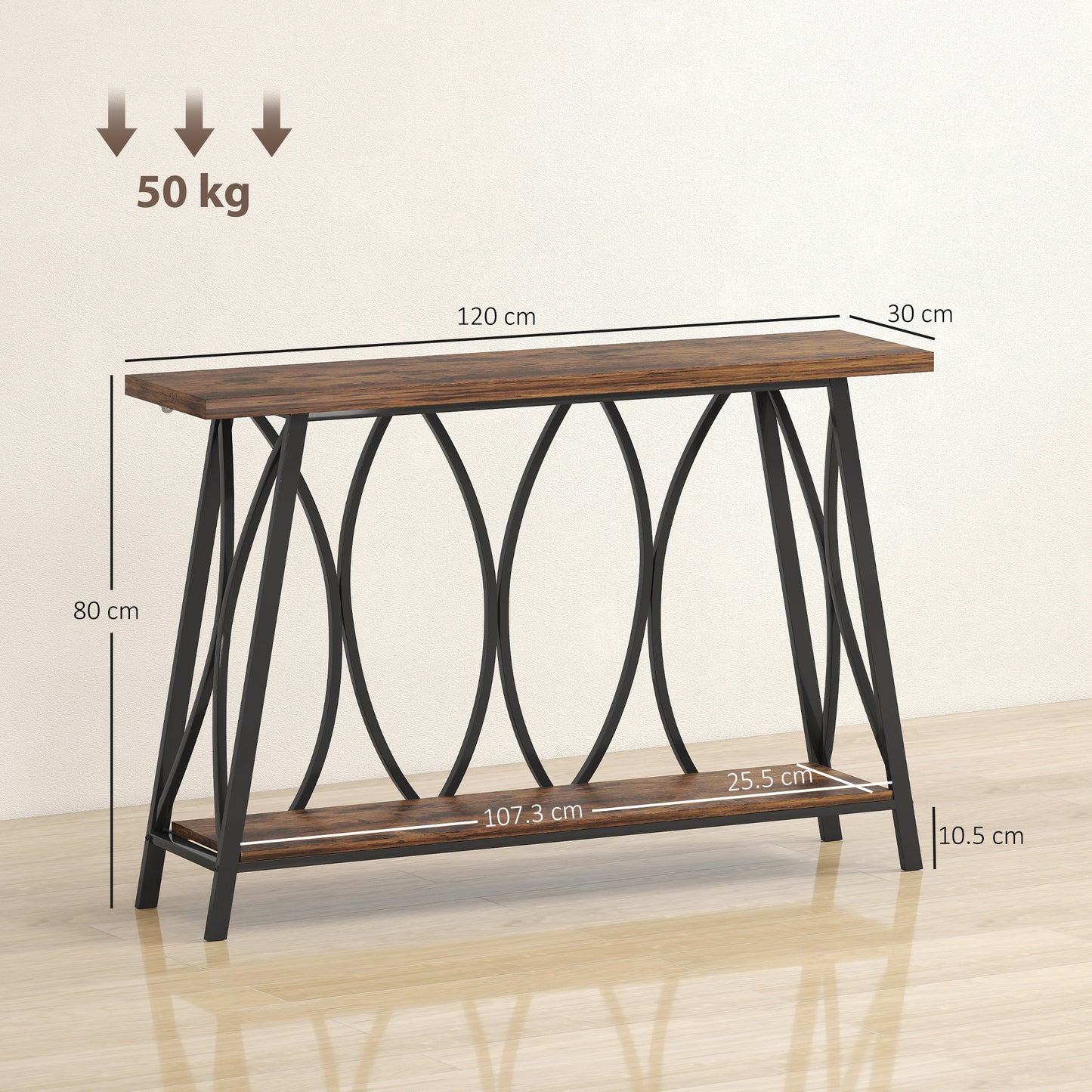HOMCOM Narrow Console Table Industrial 2 Tier Sofa Table With Metal Frame Entryway Living Room 120x30x80 cm Rustic Brown
