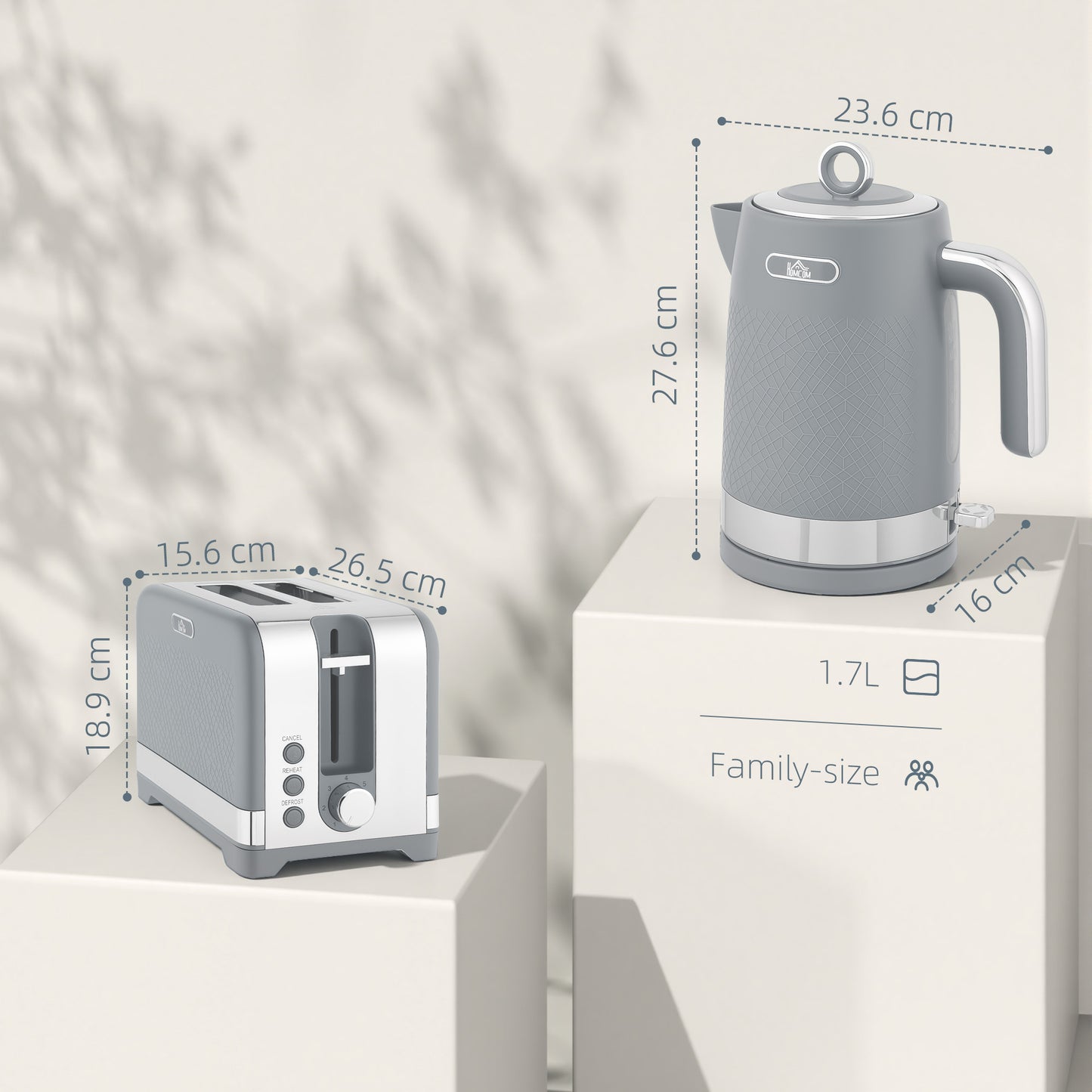 HOMCOM Sleek Textured Kettle And Toaster Set Grey Matte Finish With Curved Design