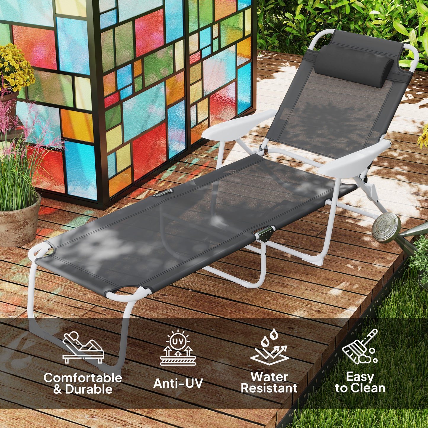 Outsunny Foldable Lounge Chair With 4 Level Adjustable Backrest And Headrest Charcoal Grey Outdoor Lounger