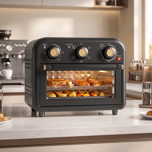 Black countertop convection toaster oven with open glass door and visible food inside