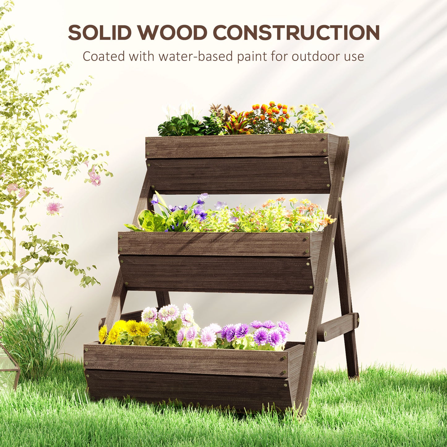 Outsunny 3 Tier Raised Garden Bed Wooden Elevated Planter Box Kit 66L for Flowers Vegetables Herbs Tan 65x75x78cm