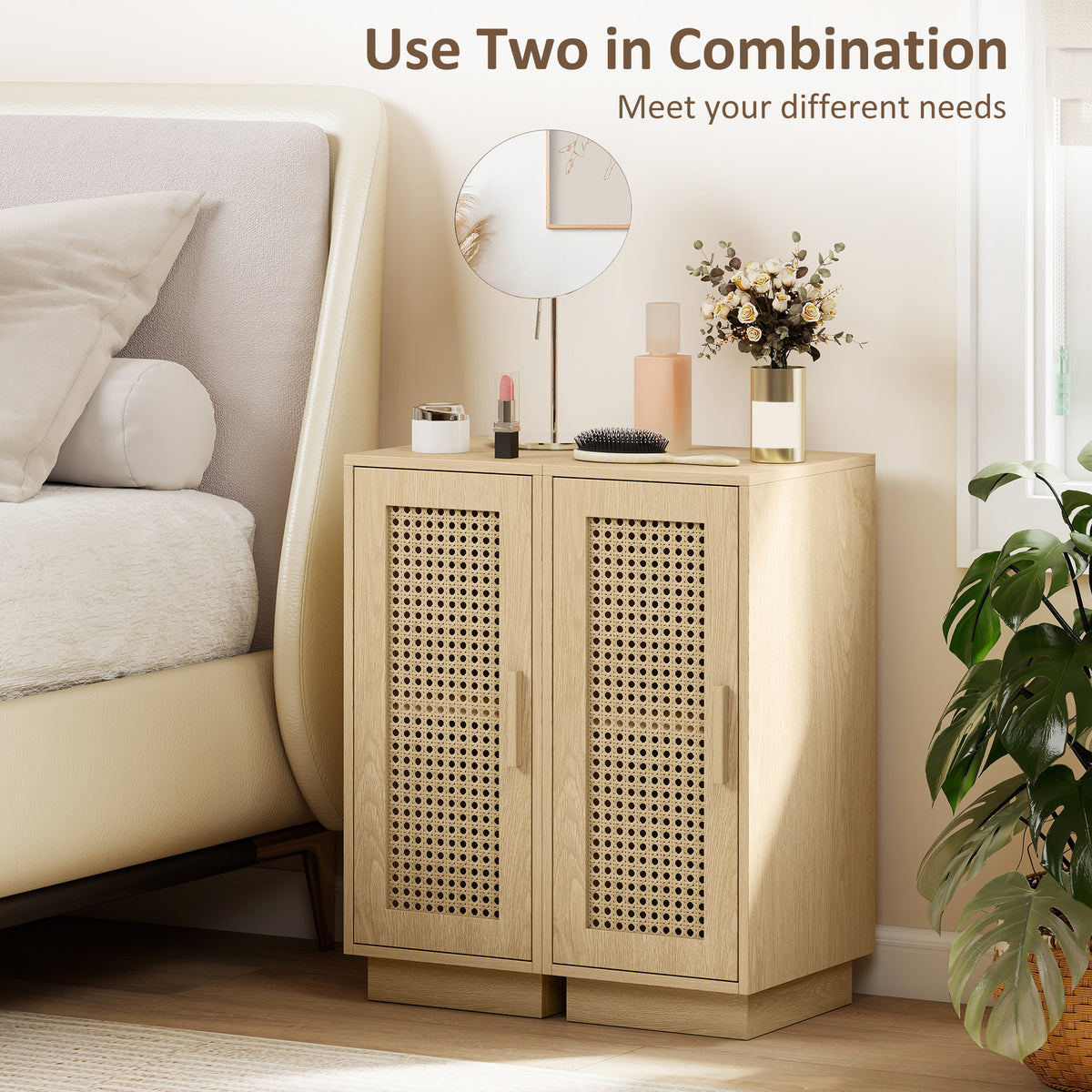 Two slim rattan door nightstands with lattice doors used together in living space