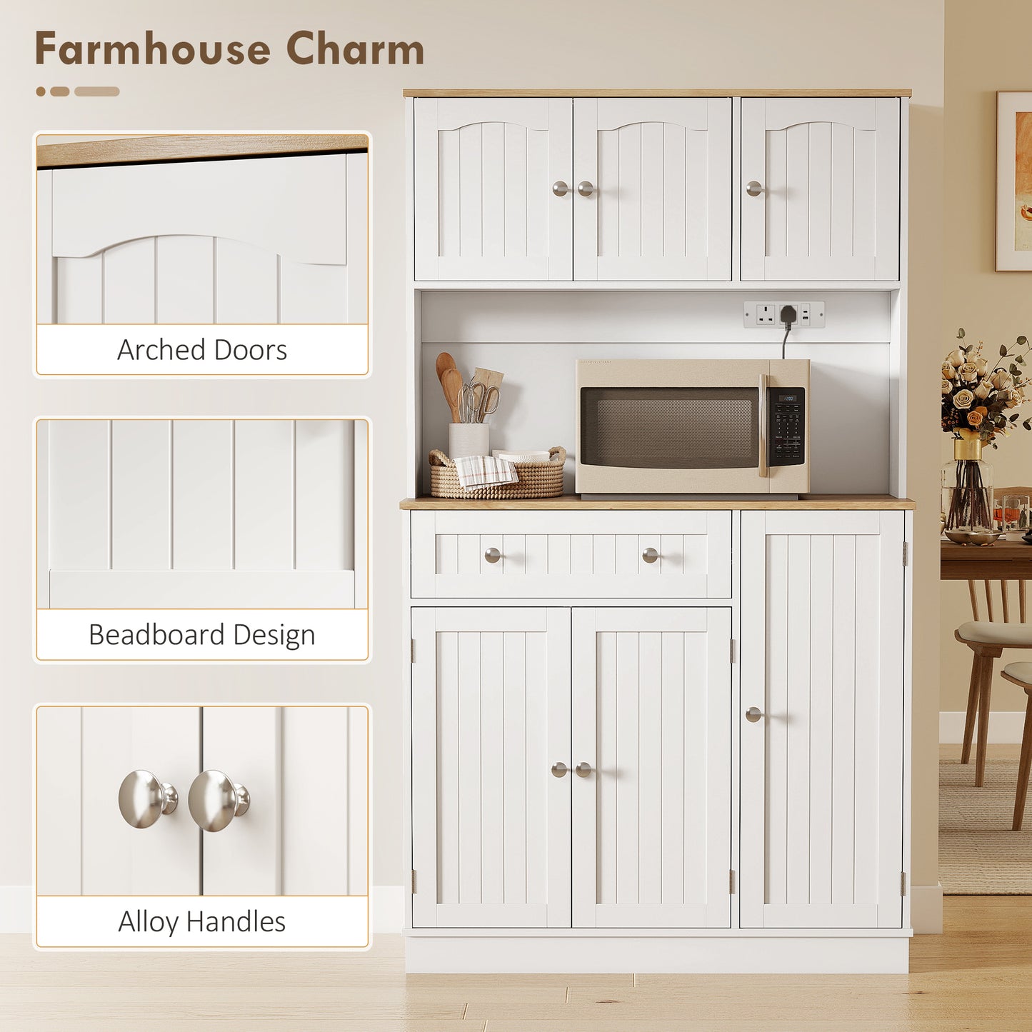 Tall Kitchen Pantry Cabinet With Charging Station And Adjustable Shelves