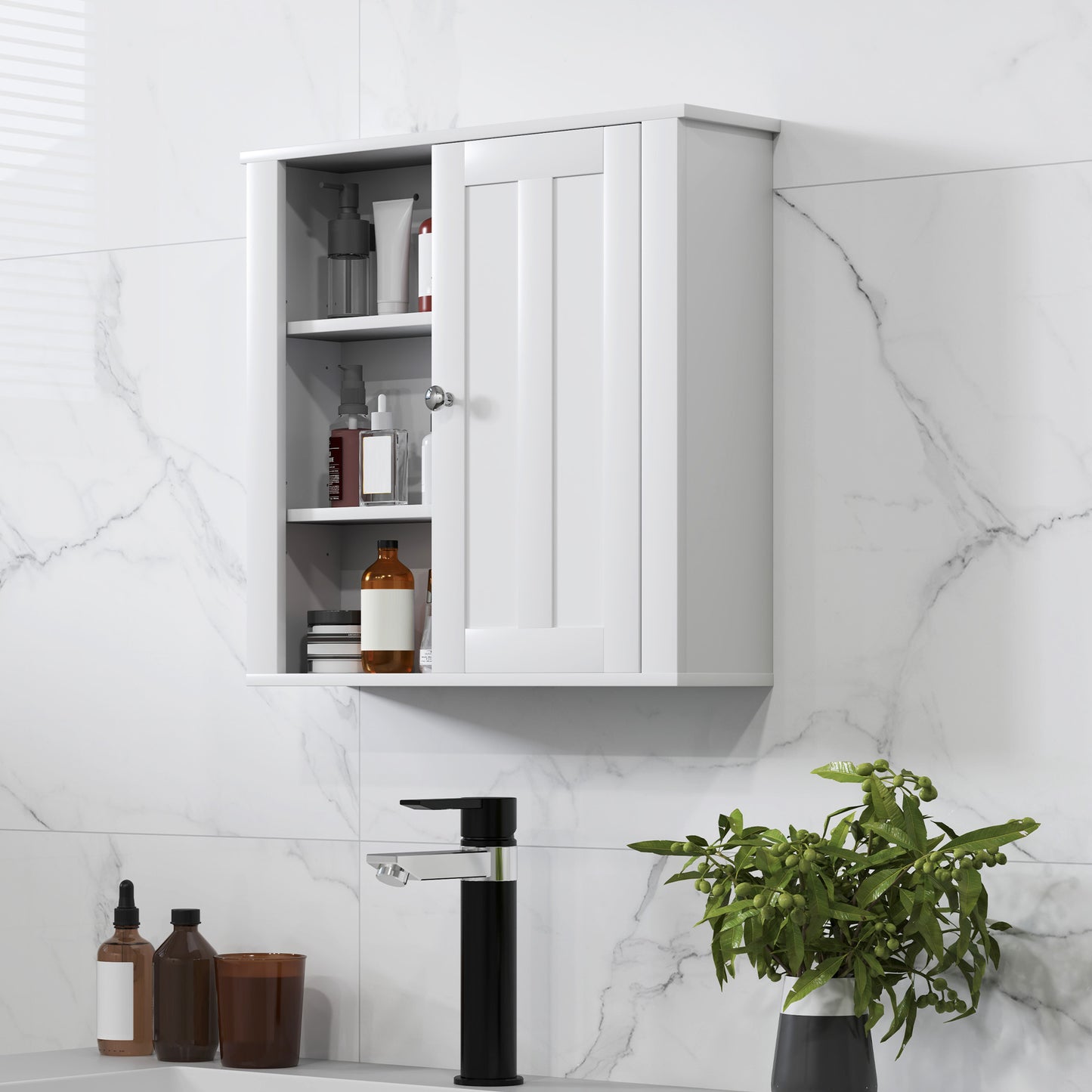 HOMCOM Wall Mounted Bathroom Storage Cabinet White With Two Shelves And Three Open Side Shelves