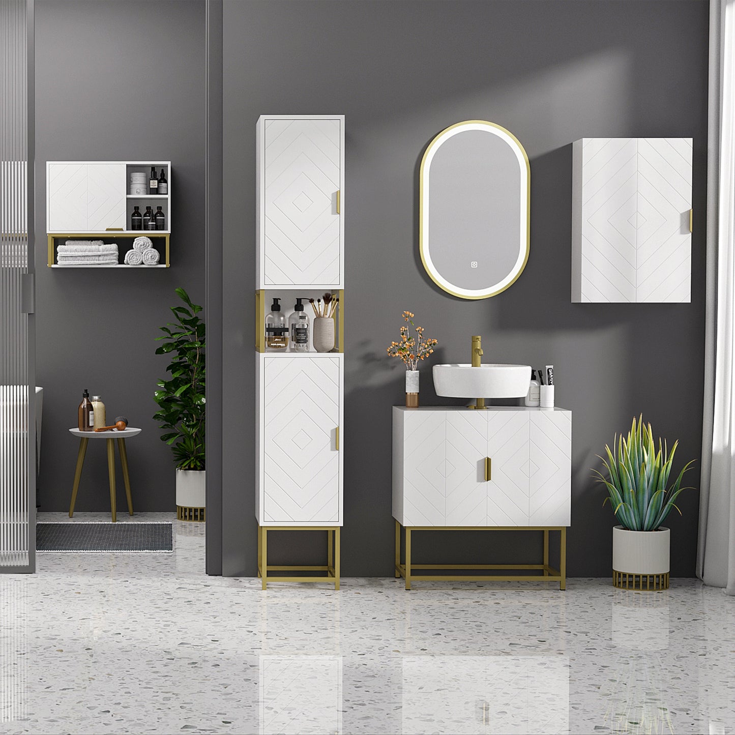 Kleankin 4 Piece Bathroom Furniture Set Freestanding Tall Cabinet Under Sink Storage Two Wall Mounted Cabinets White