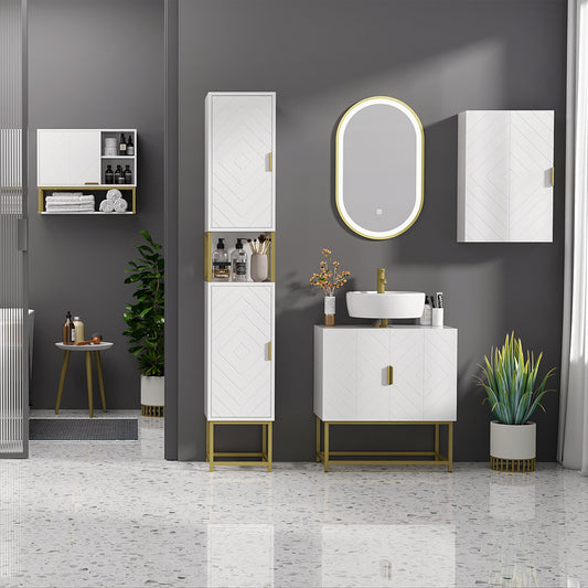 Kleankin 4 Piece Bathroom Furniture Set Freestanding Tall Cabinet Under Sink Storage Two Wall Mounted Cabinets White