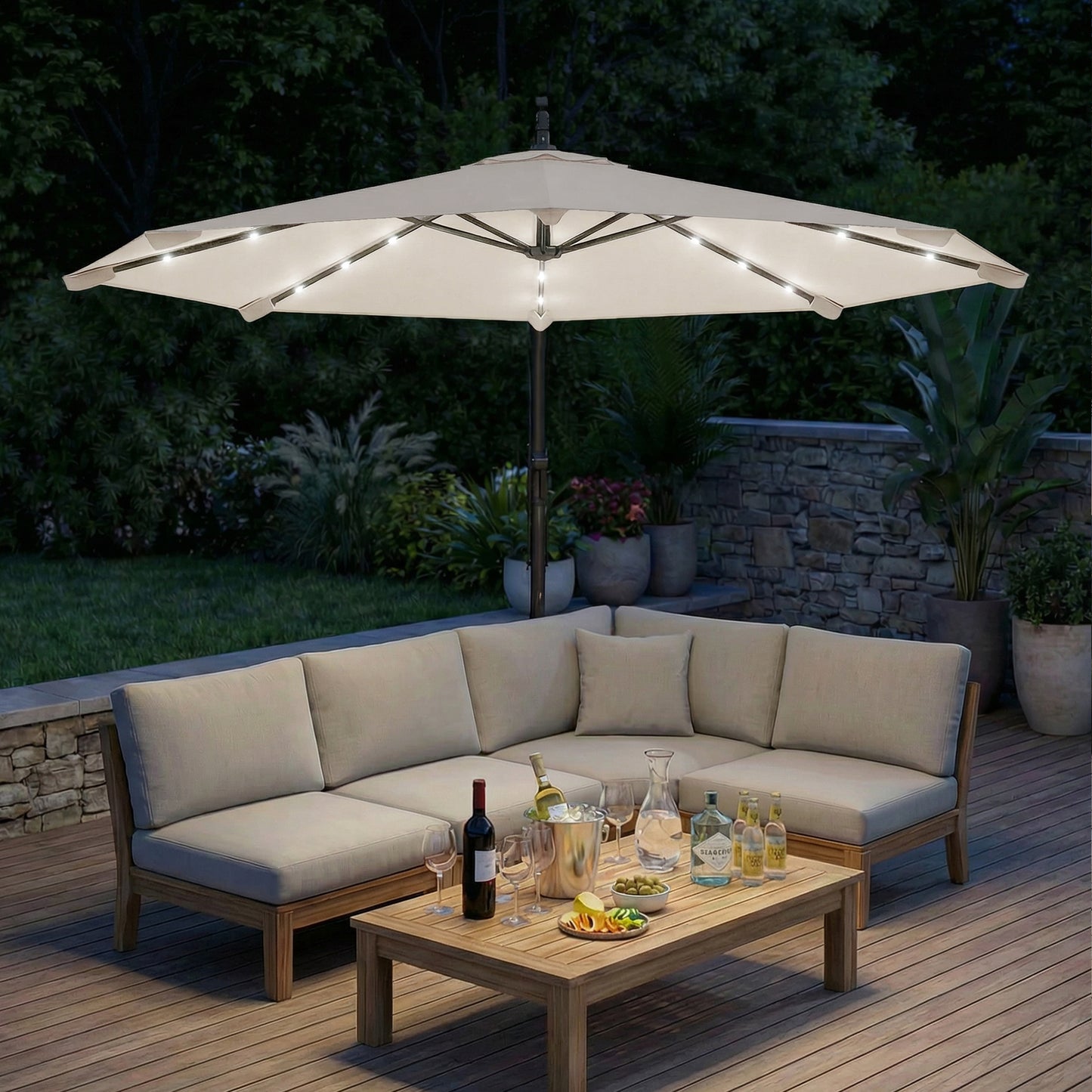 Outsunny 3 Meter Cantilever Parasol With Solar LED Lights Garden Umbrella Cream White Cross Base