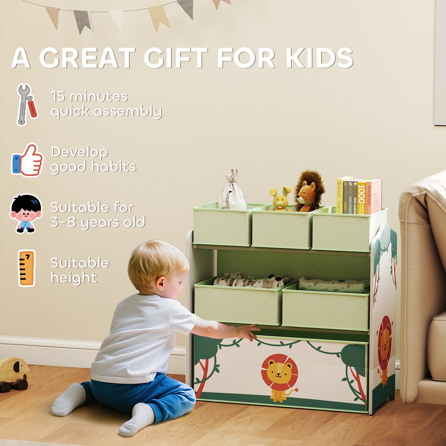 AIYAPLAY 3 Tier Kids Toy Storage Units With Six Removable Boxes Toy Organizer Shelf For Bedroom And Playroom Green