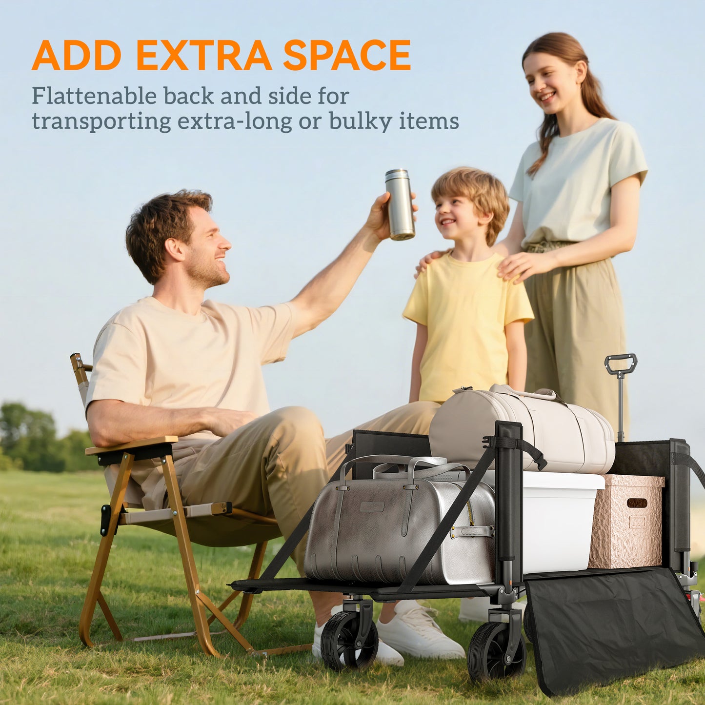 Outsunny Foldable Camping Trolley Cart 150L Open Sides Adjustable Handle Brakes For Shopping Beach Garden Fishing Black