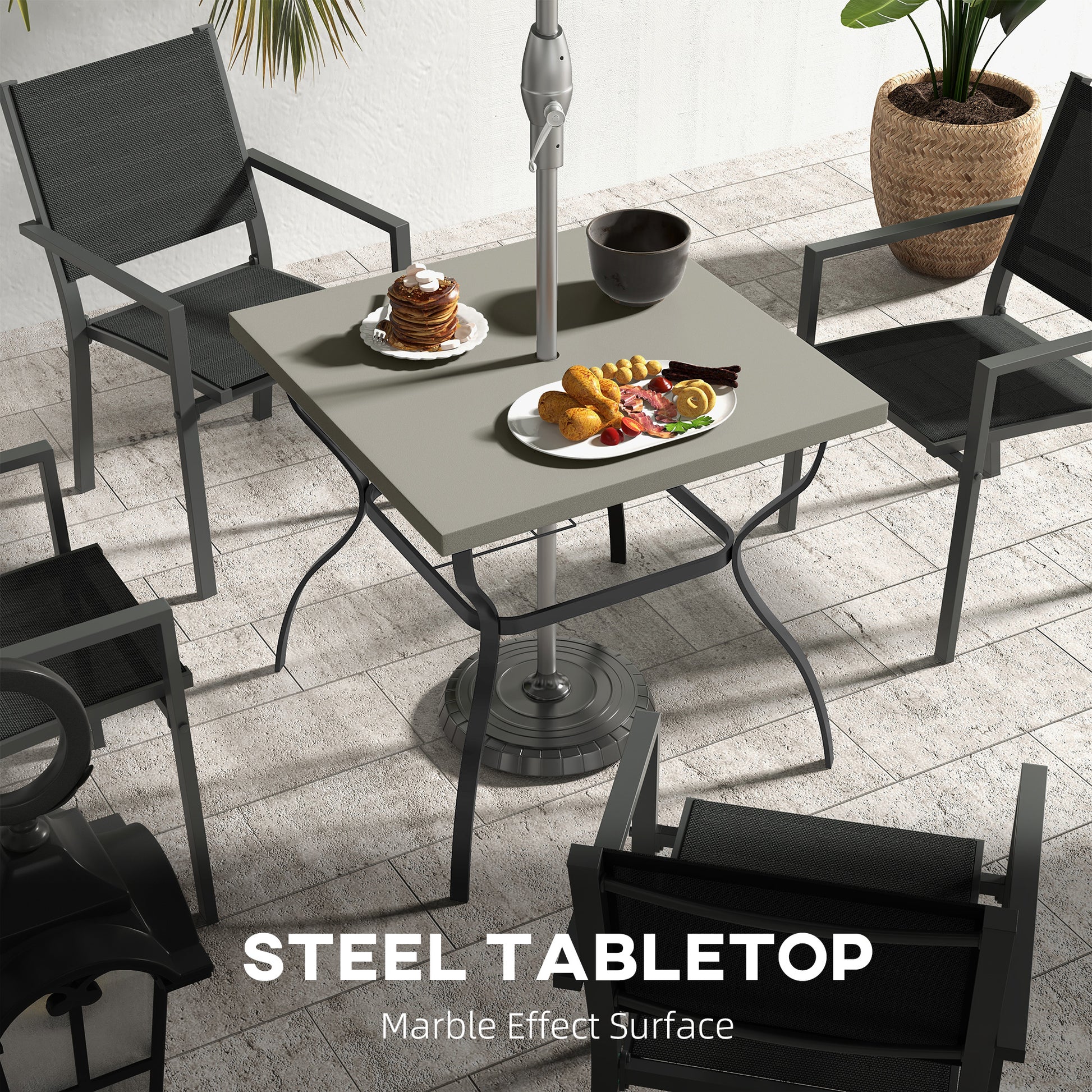 Outsunny Square 80cm Outdoor Dining Table with Umbrella Hole for 4 People - Marble Effect Top, Black Steel Design - ALL4U RETAILER LTD