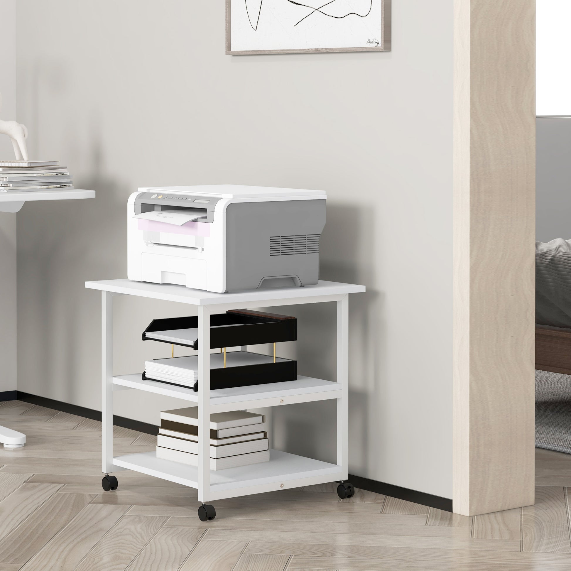 Vinsetto Mobile 3-Tier Printer Cart with Storage & Wheels for Home Office - White - ALL4U RETAILER LTD