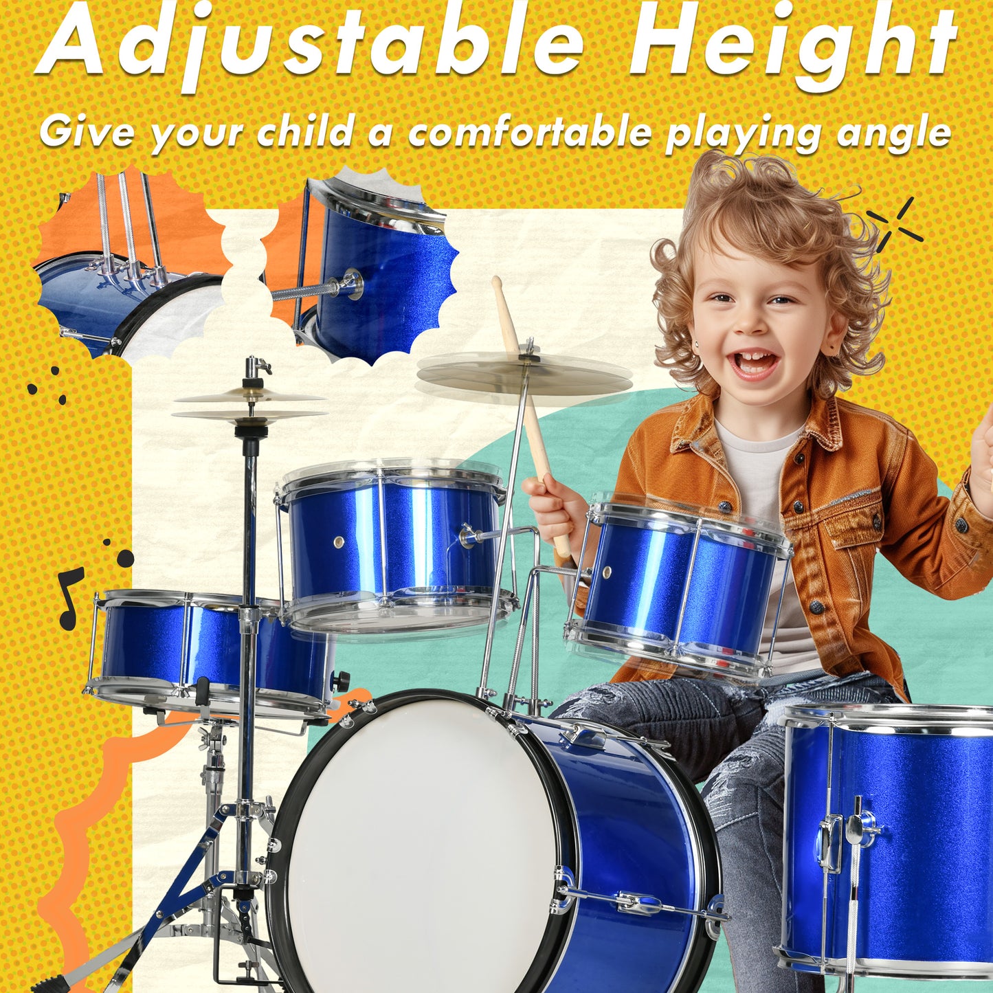 AIYAPLAY 11-Piece Children’s Drum Set with Adjustable Stool, Drumsticks, Pedal, and Cymbals - Perfect for Ages 3-6, Blue - ALL4U RETAILER LTD