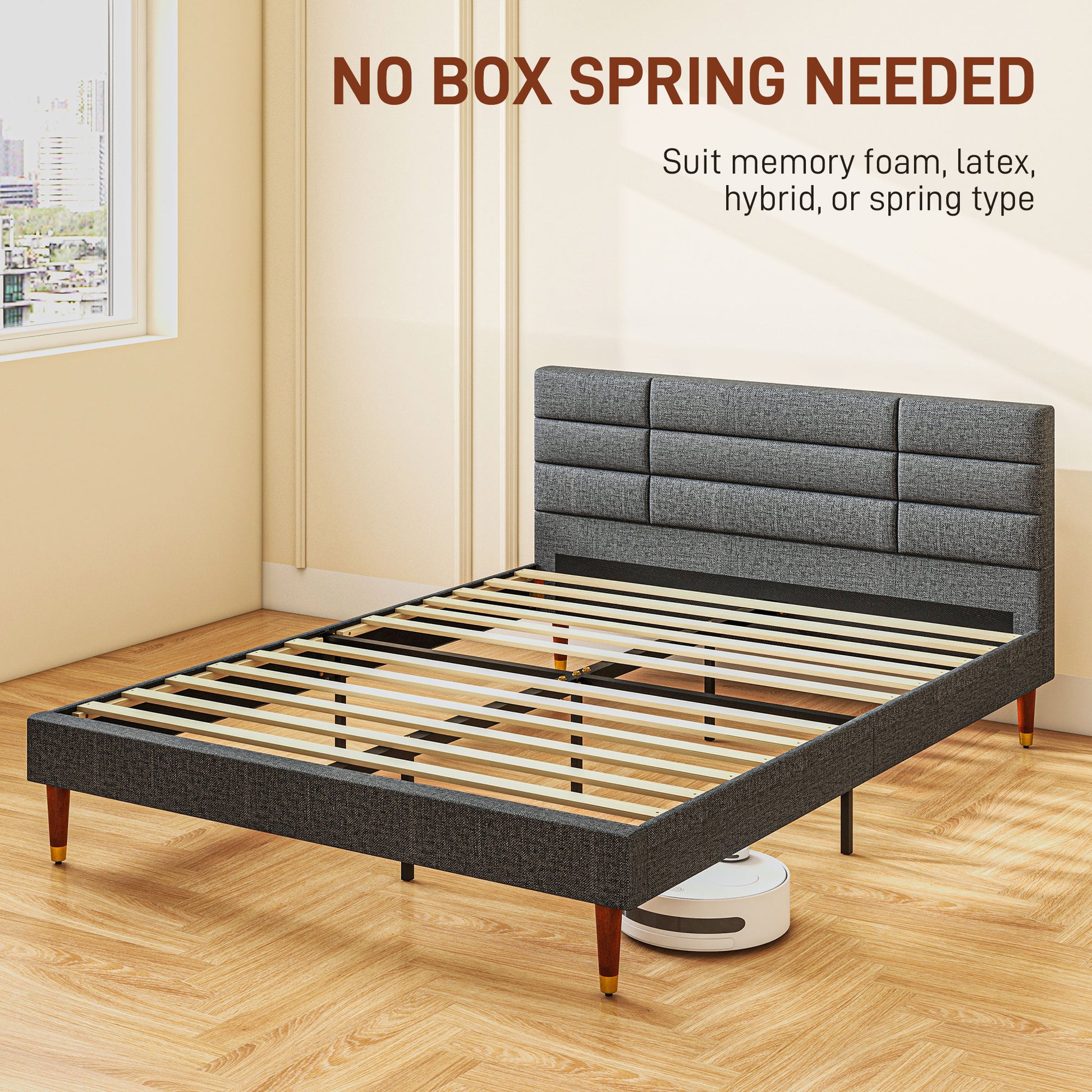 HOMCOM Elegant Grey Upholstered King Size Bed Frame with Wooden Slats - ALL4U RETAILER LTD