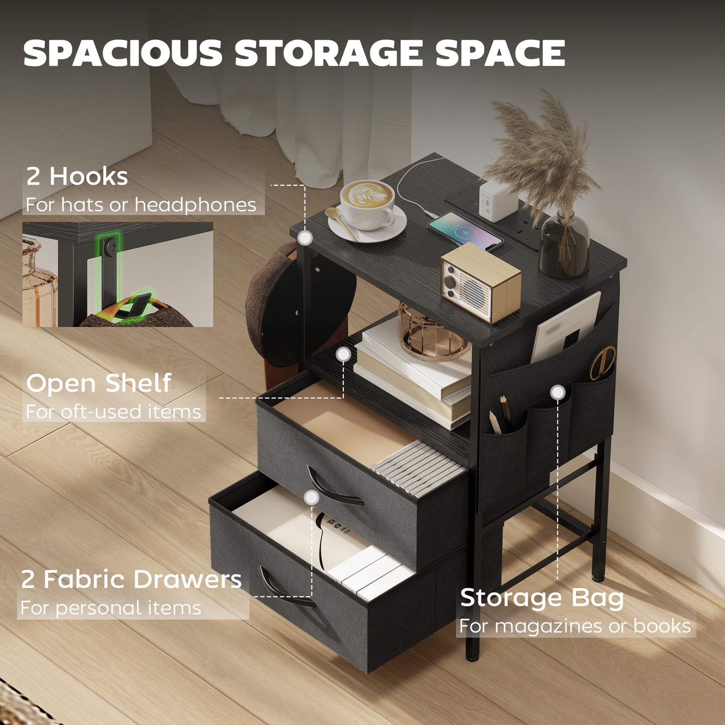 HOMCOM Bedside Table With Charging Station And USB Ports Black Nightstand With Storage