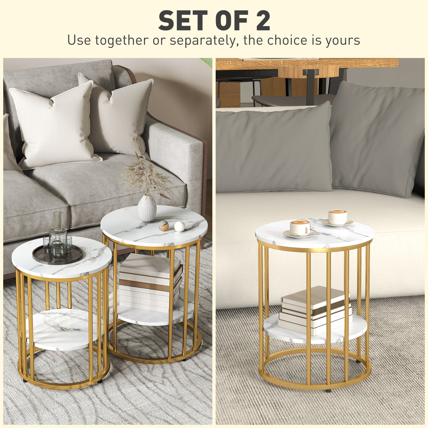 HOMCOM Marble Effect Coffee Table Set White And Gold Tone Two Piece With Two Tier Design