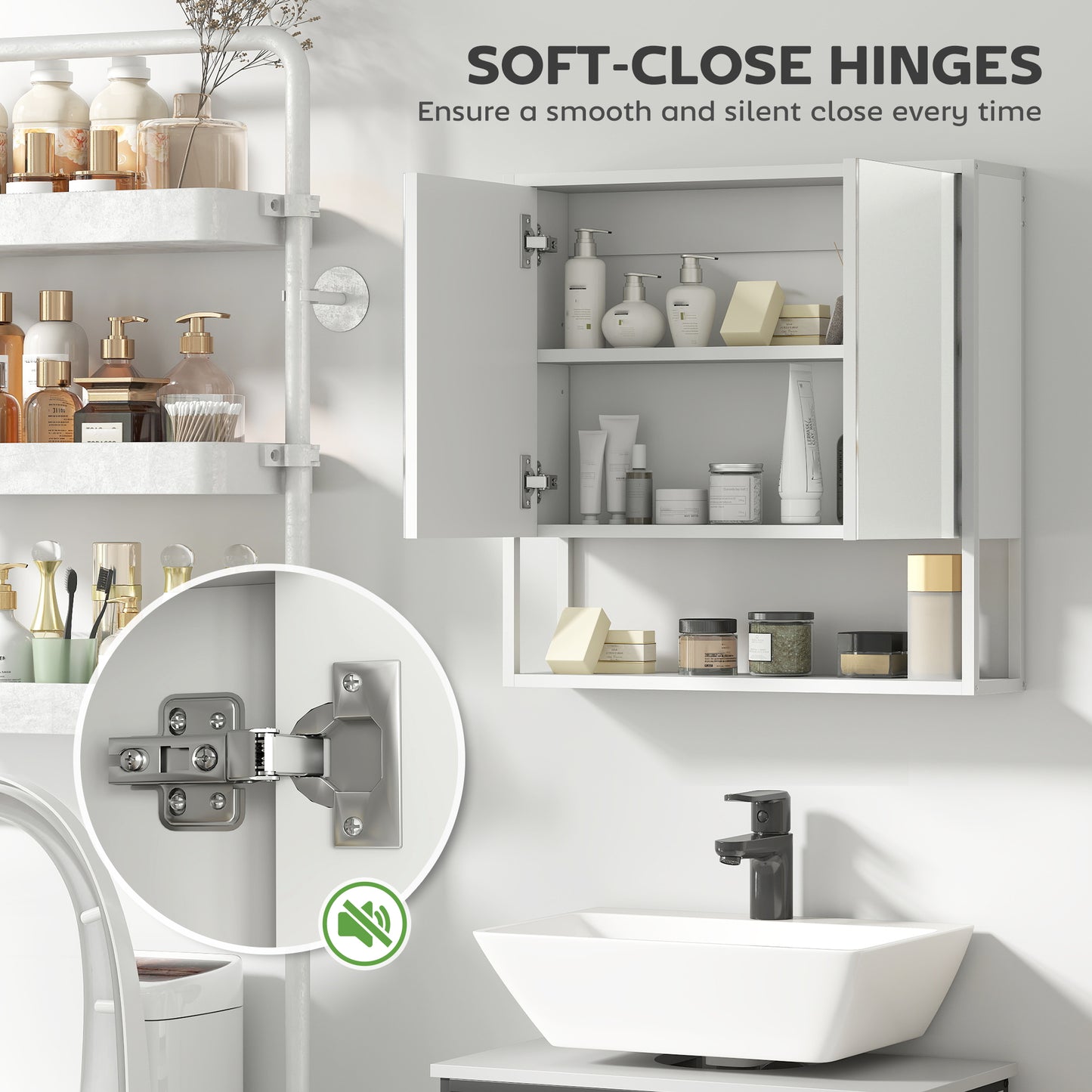 HOMCOM White Bathroom Mirror Cabinet With Soft Close Doors And Adjustable Shelf Storage