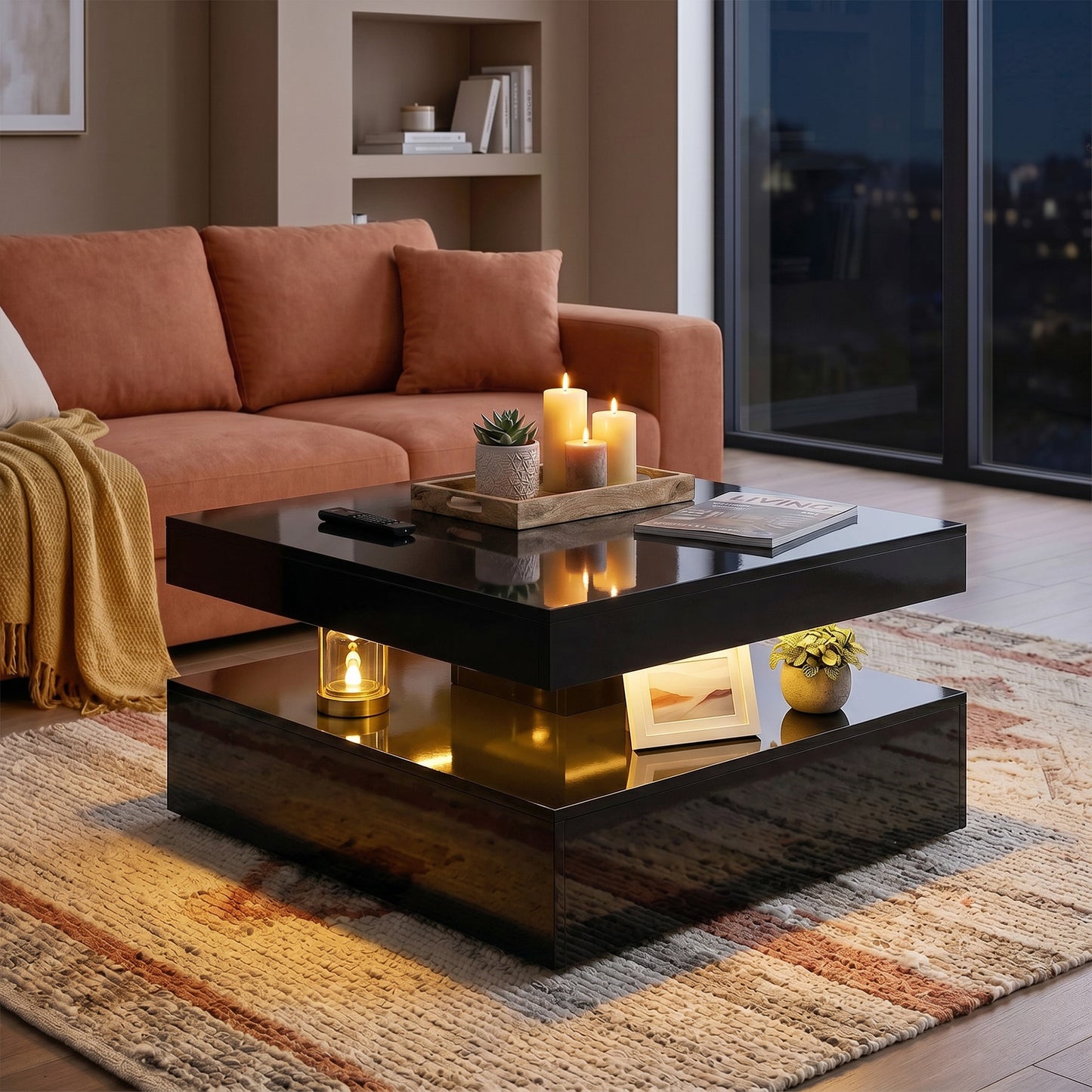 HOMCOM LED Coffee Table with Storage 2 Tier Modern Centre Table Open Shelf RGB LED Remote Lighting High Gloss Black