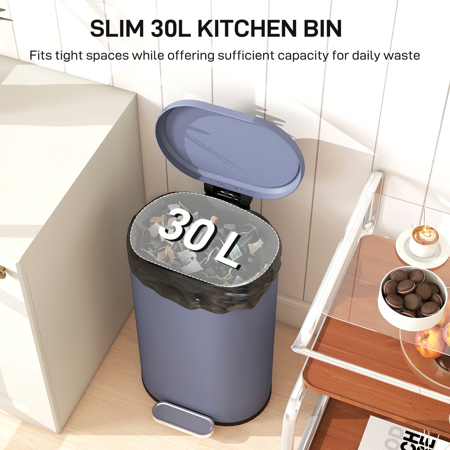 HOMCOM 30 L Modern Curved Kitchen Bin With Silent Soft Close Lid Grey Finish Fingerprint Resistant Metal Pedal Operated