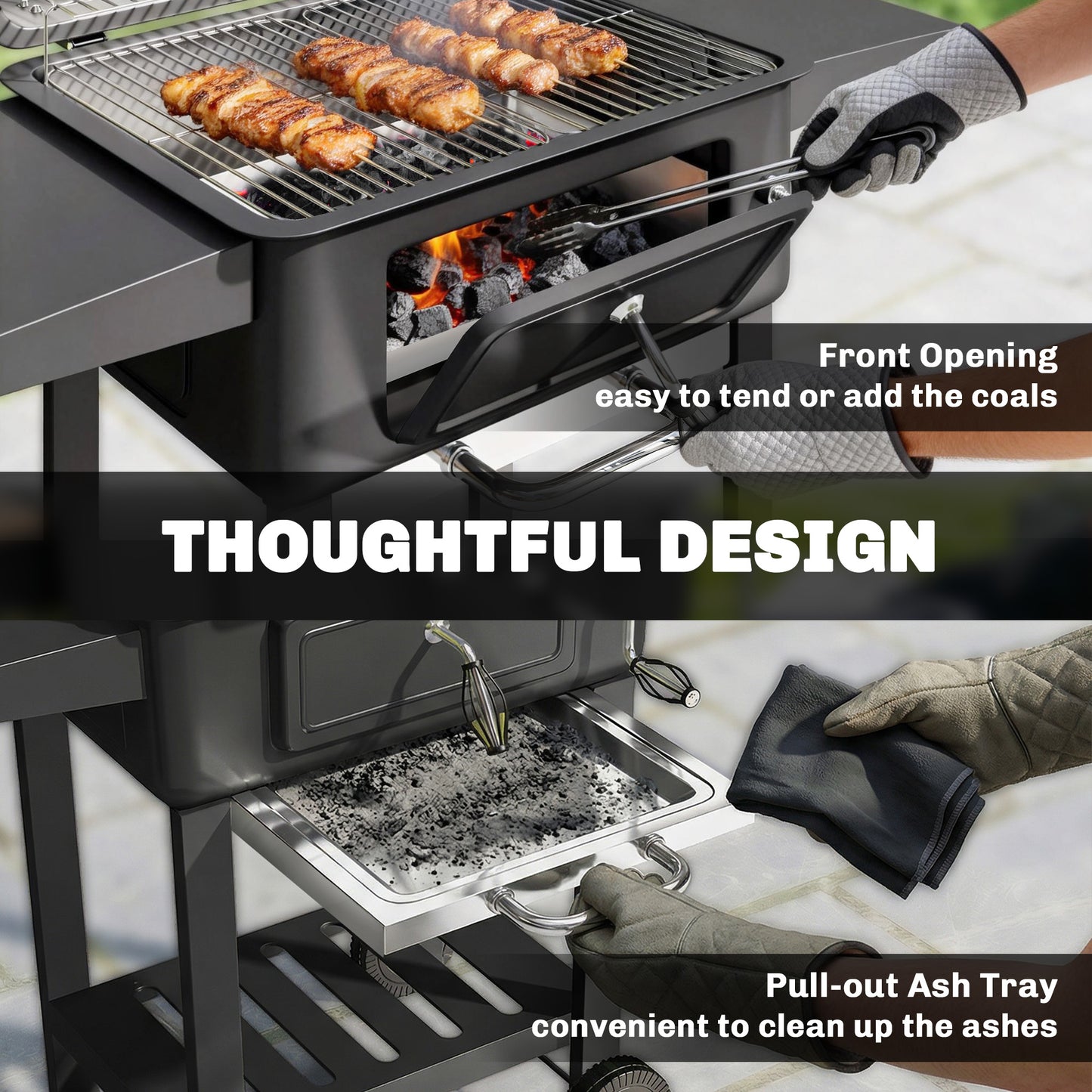 Outsunny Charcoal BBQ Grill With Adjustable Pan Large Outdoor Barbecue Smoker With Side Tables Temperature Control