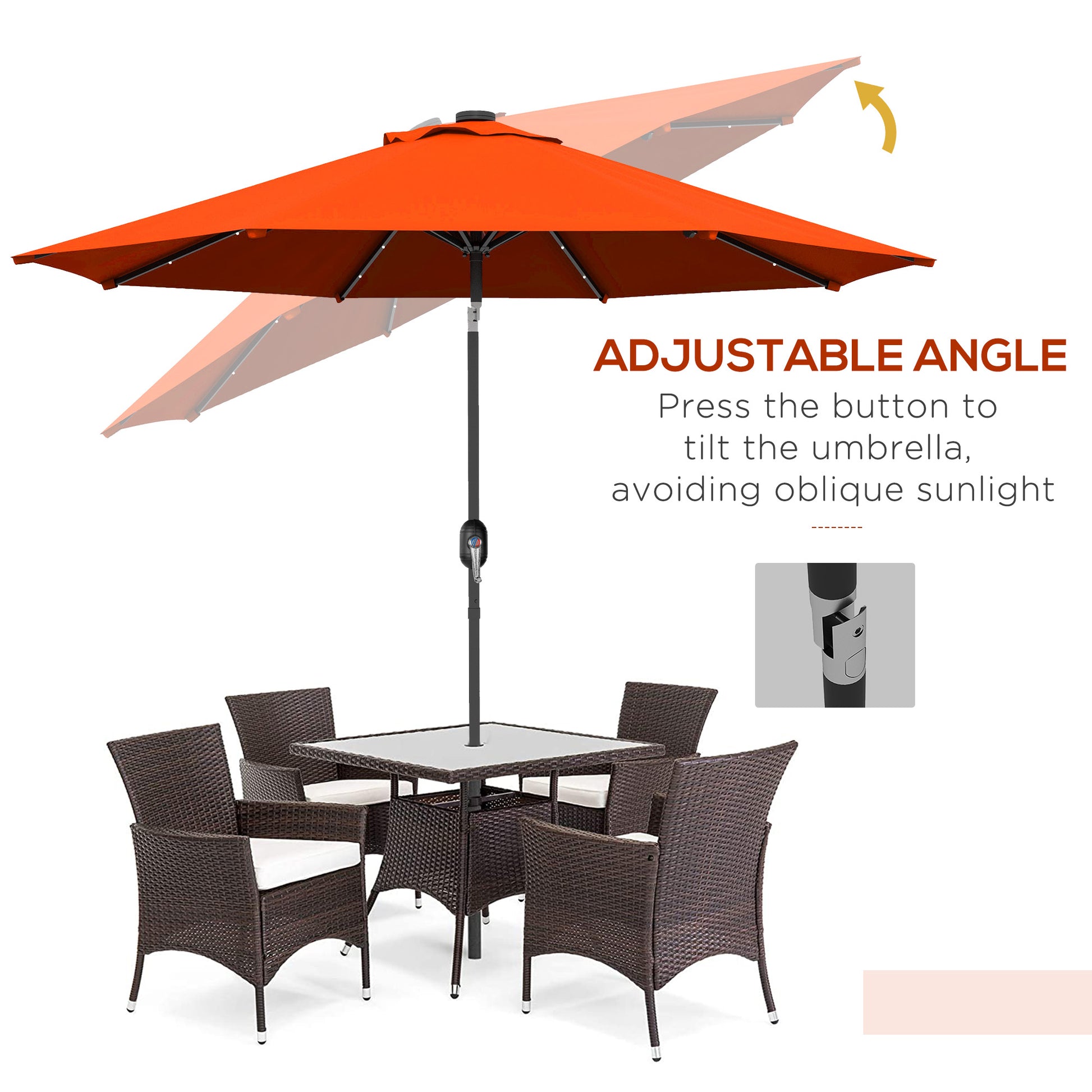 Outsunny 2.7m Solar-Powered Patio Umbrella with Tilt Function and 24 LED Lights, Vibrant Orange - ALL4U RETAILER LTD