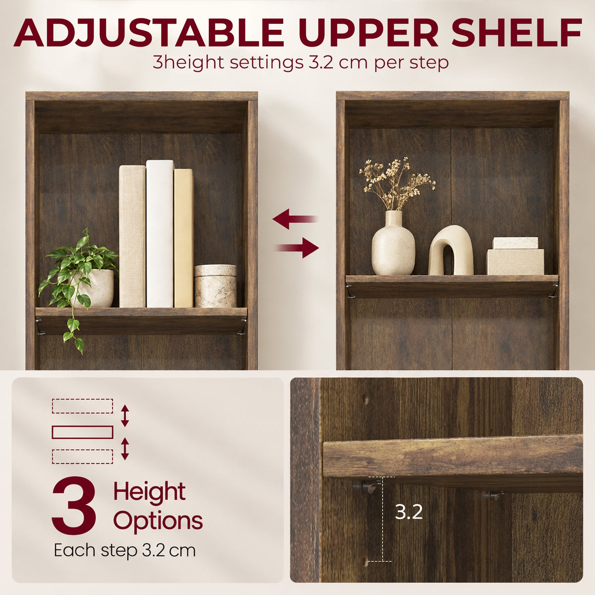 Rustic brown bookshelf with adjustable upper shelf and open compartments for books and decor