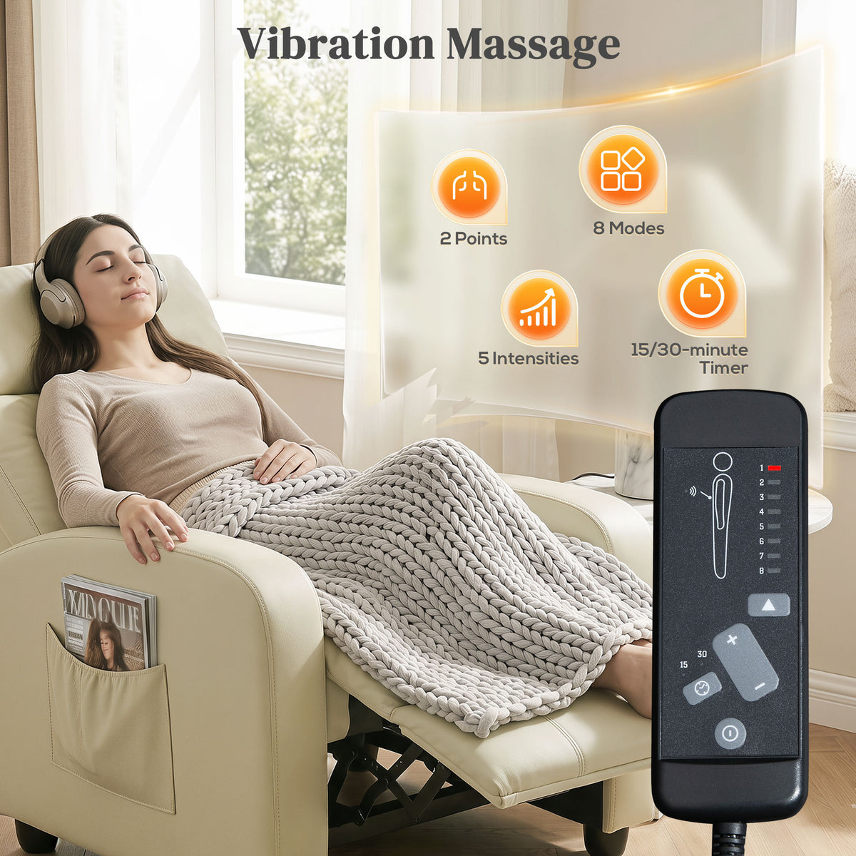 HOMCOM Massage Recliner Chair Faux Leather Remote Side Pocket Cream White