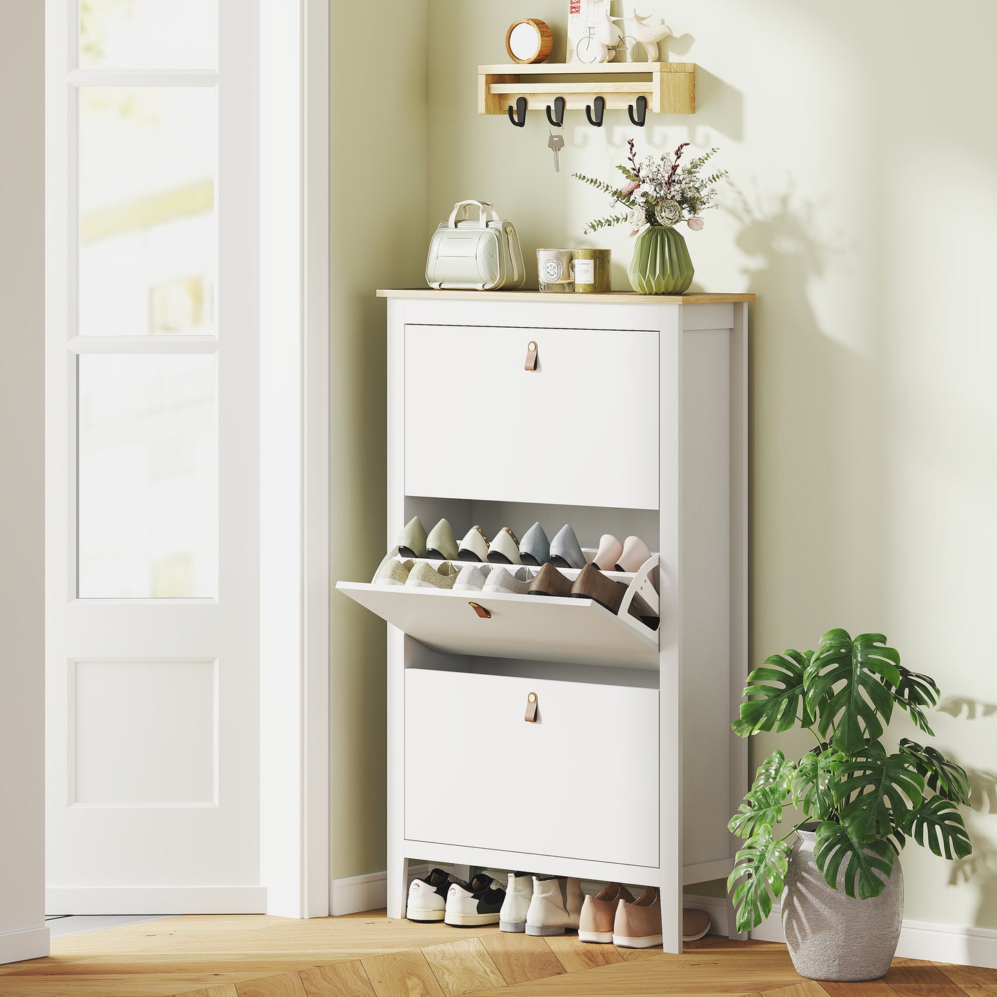 HOMCOM Modern Three Drawer White Shoe Cabinet Slim Storage Unit Holds Up To Twenty One Pairs Of Shoes
