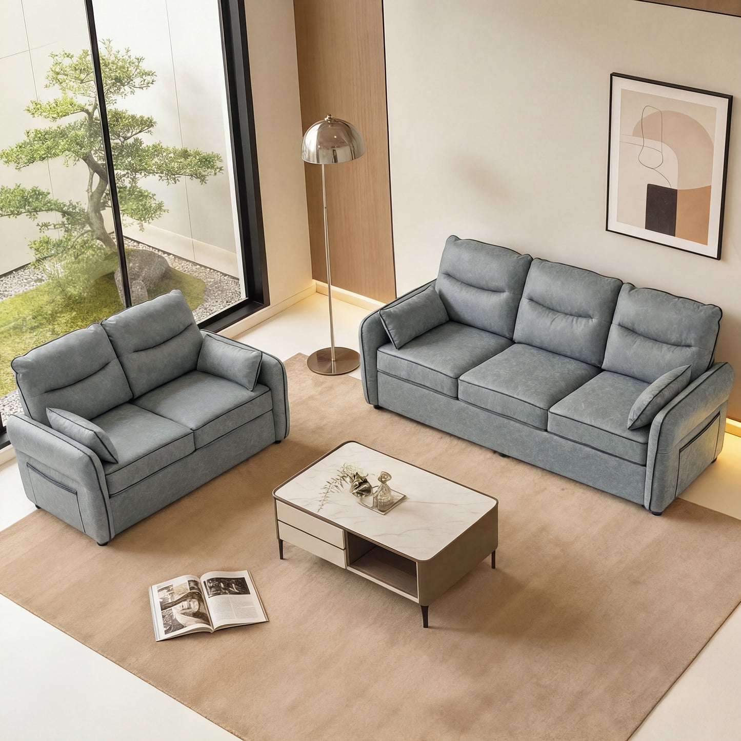 HOMCOM 3 Seater Faux Leather Sofa Grey With Black Piping Modern Minimal Design And Comfort