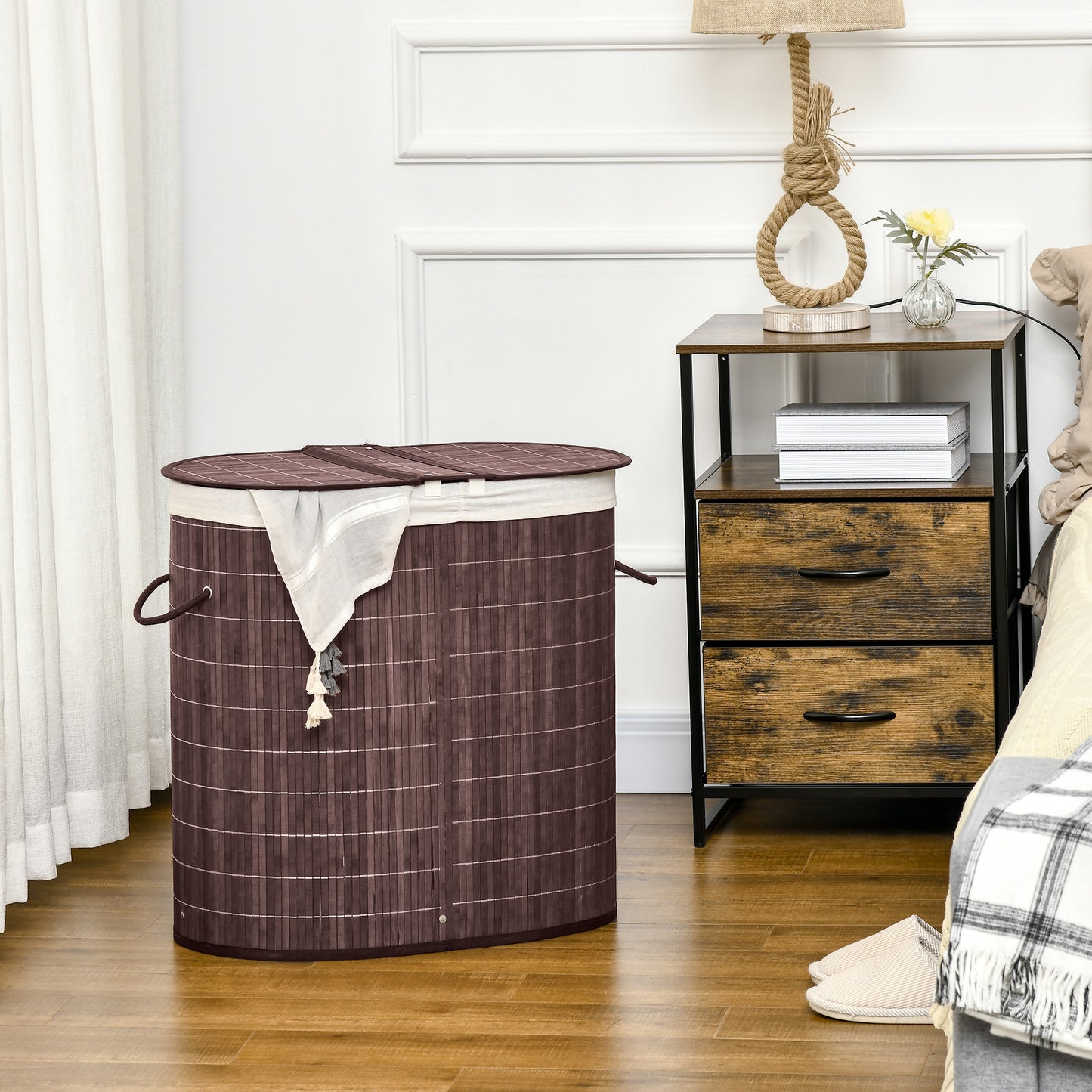 HOMCOM 100L Bamboo Laundry Basket With Lid And Removable Liner Two Compartments Handles Brown