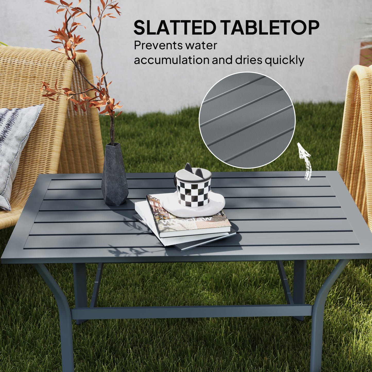 Outsunny Metal Garden Coffee Table Rectangular Outdoor Side Table With Slatted Tabletop 91.5 x 55 x 45 cm Dark Grey