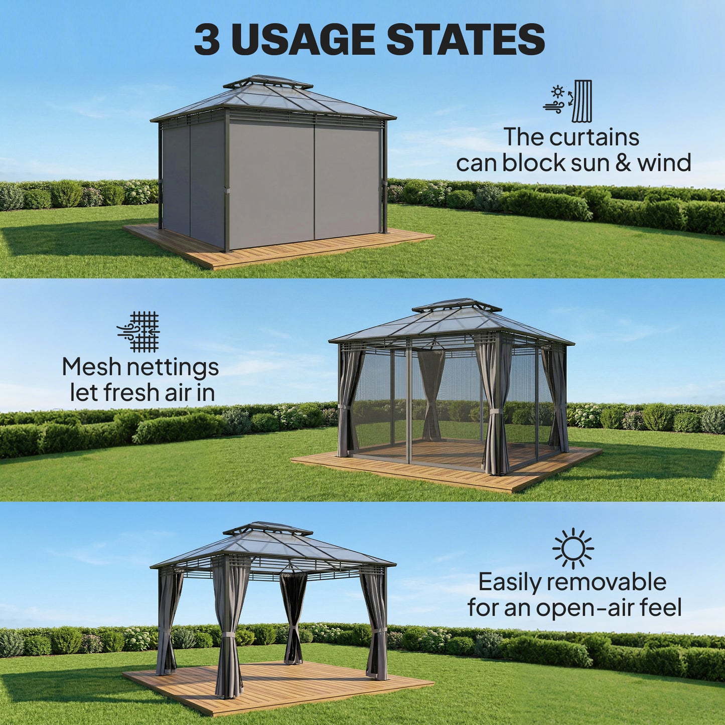 Outsunny 3.6 x 3.0 m Outdoor Hardtop Gazebo With Sides 2 Tier Roof Permanent Pavilion Garden Metal Dark Grey