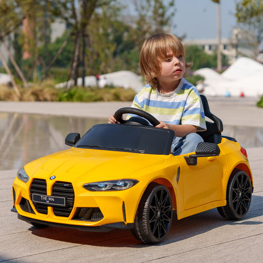 AIYAPLAY Yellow 12V BMW M4 Licensed Kids Electric Car with Remote Control, Suspension, Music, LED Lights, and Easy Transport Features - ALL4U RETAILER LTD