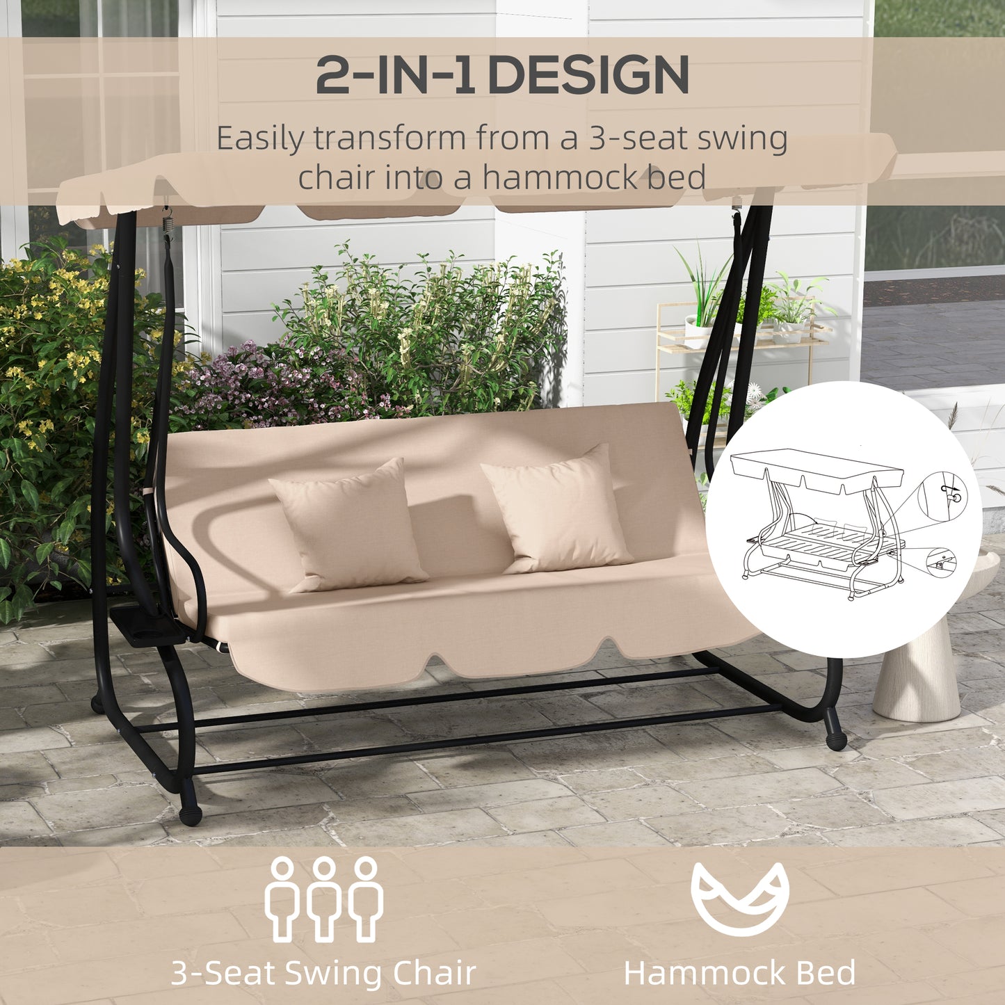 Outsunny Three Person Garden Swing Chair With Adjustable Canopy Light Brown Cushioned Seat For Relaxation