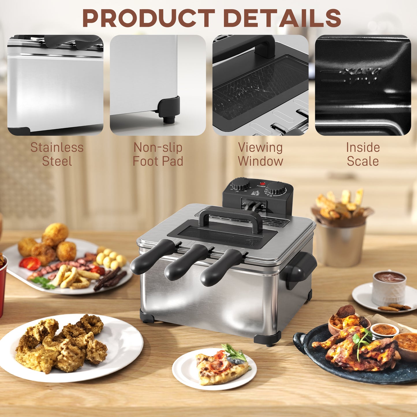 HOMCOM 5 Litre Stainless Steel Deep Fryer 2000W With Adjustable Temperature 150-190 C And 60 Min Timer Viewing Window