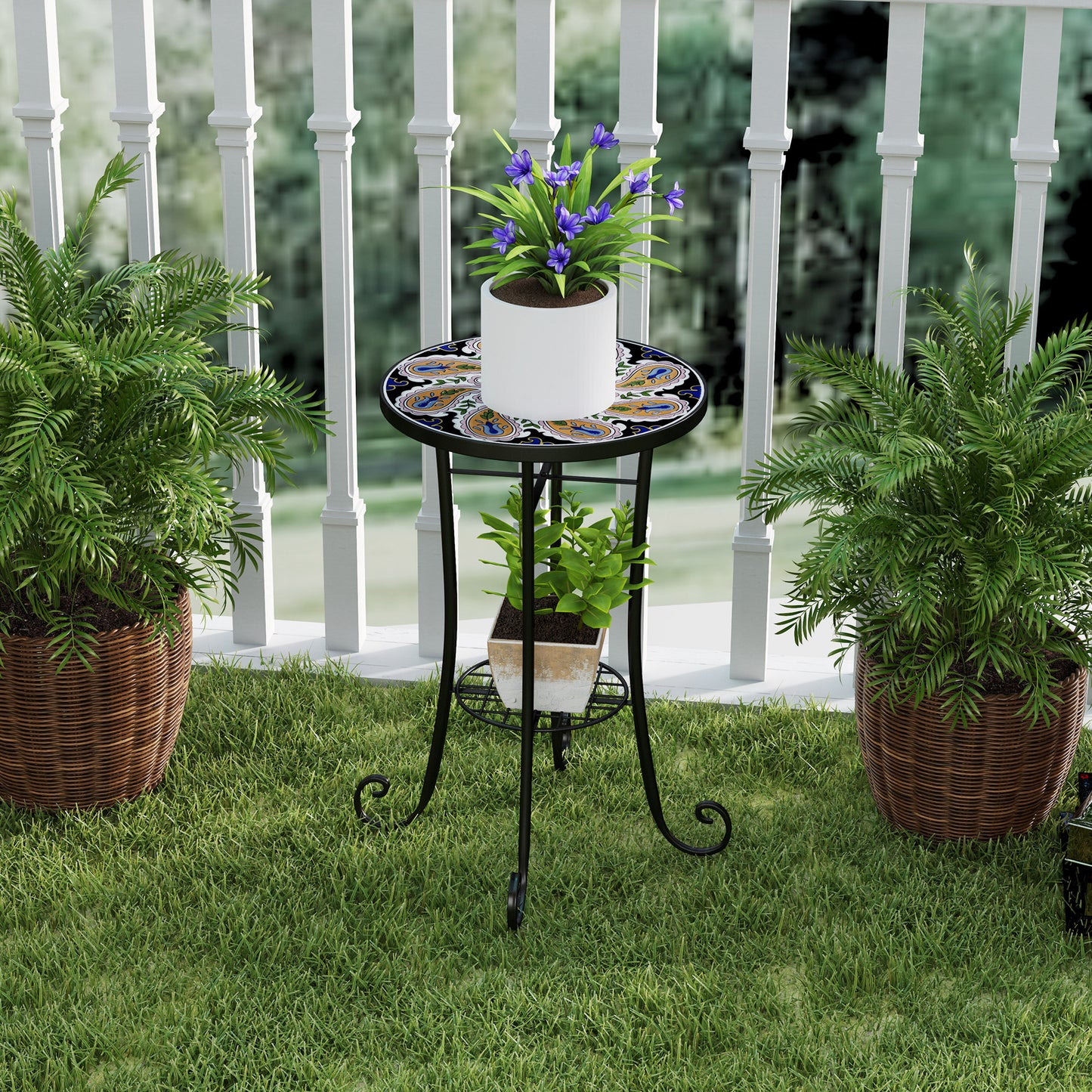Outsunny Mosaic Round Garden Table With Shelf 35.5 cm Ceramic Tile Top Outdoor Patio Side Table Orange