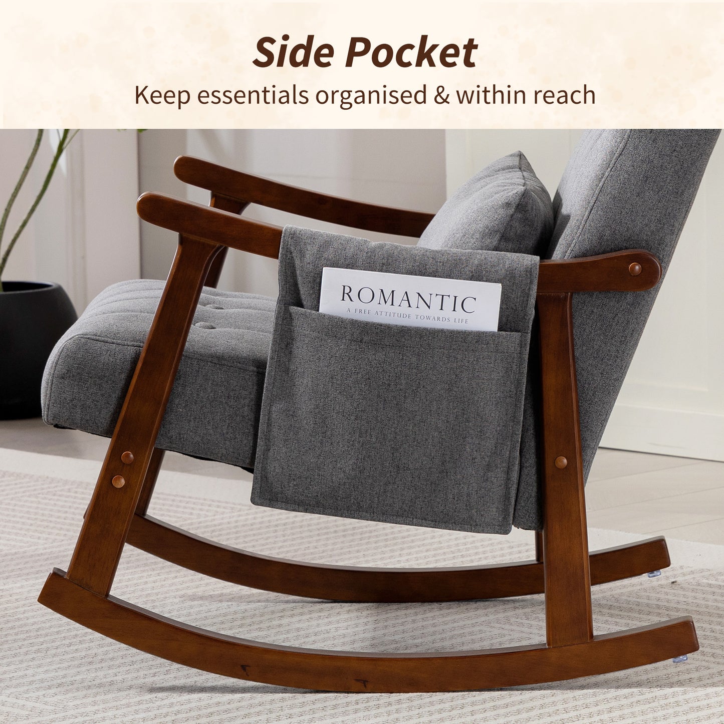 HOMCOM Wood Frame Rocking Armchair Grey With Padded Seat And Back For Cozy Lounging