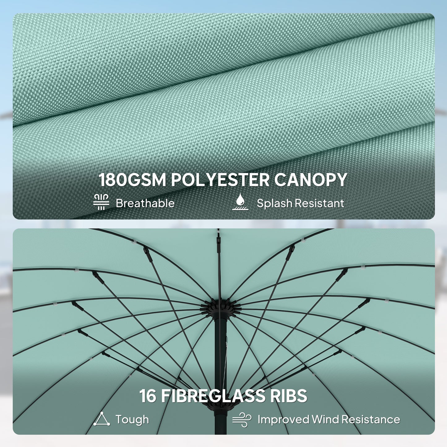 Outsunny 2m Shanghai Garden Parasol Umbrella With 16 Fibreglass Ribs Turquoise Crank Tilt Sun Shade