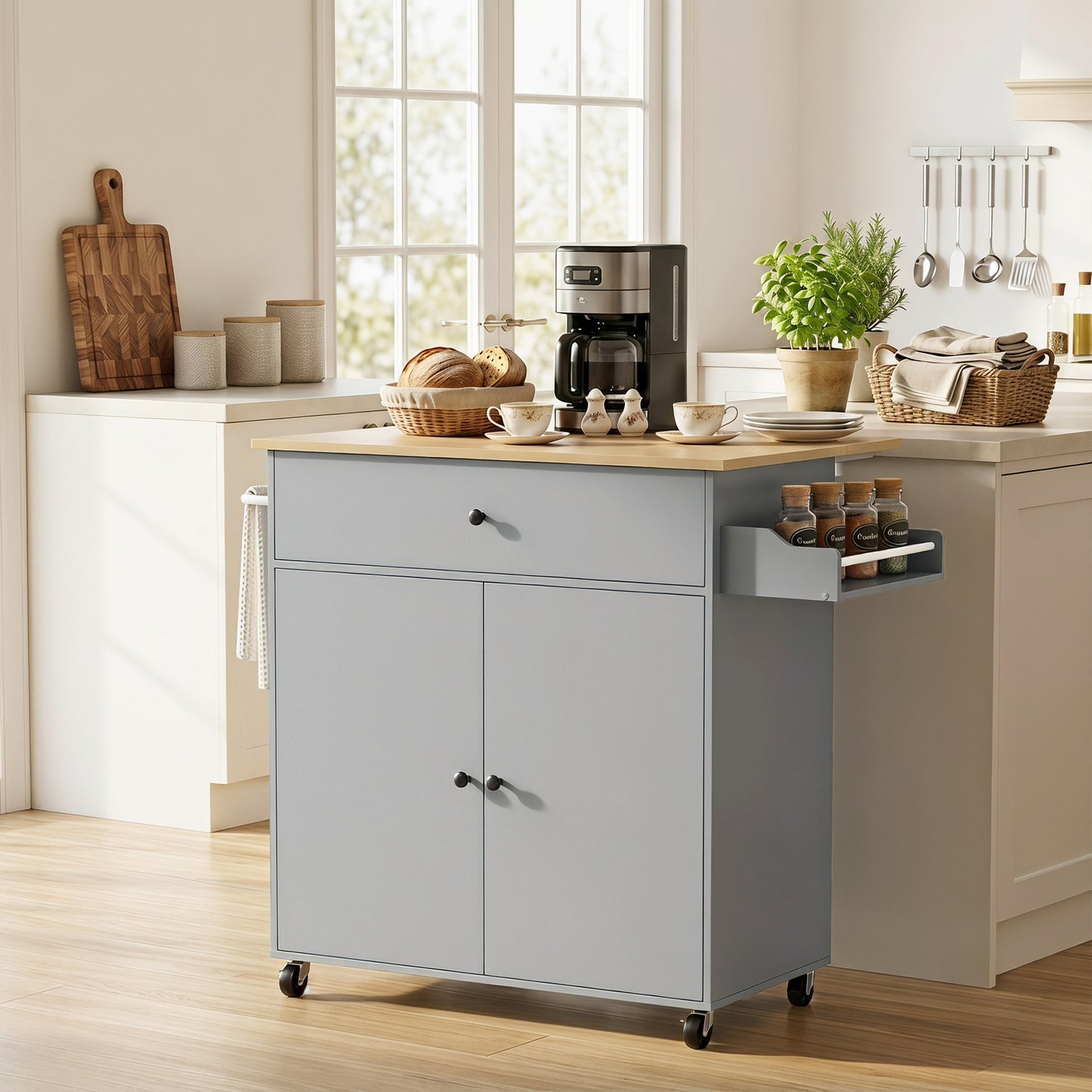 HOMCOM Kitchen Island With Drop Leaf And Rolling Wheels In Grey