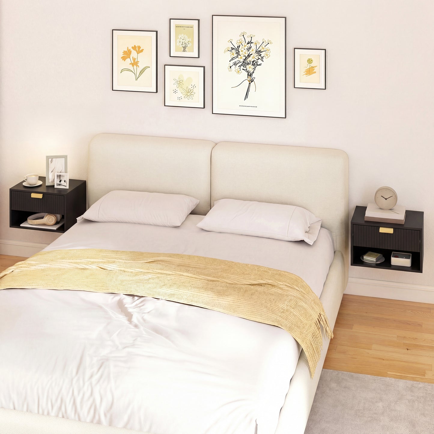 HOMCOM Set Of 2 Wall Mounted Nightstands Floating Bedside Tables With Fluted Drawers Open Shelf For Small Bedroom Black