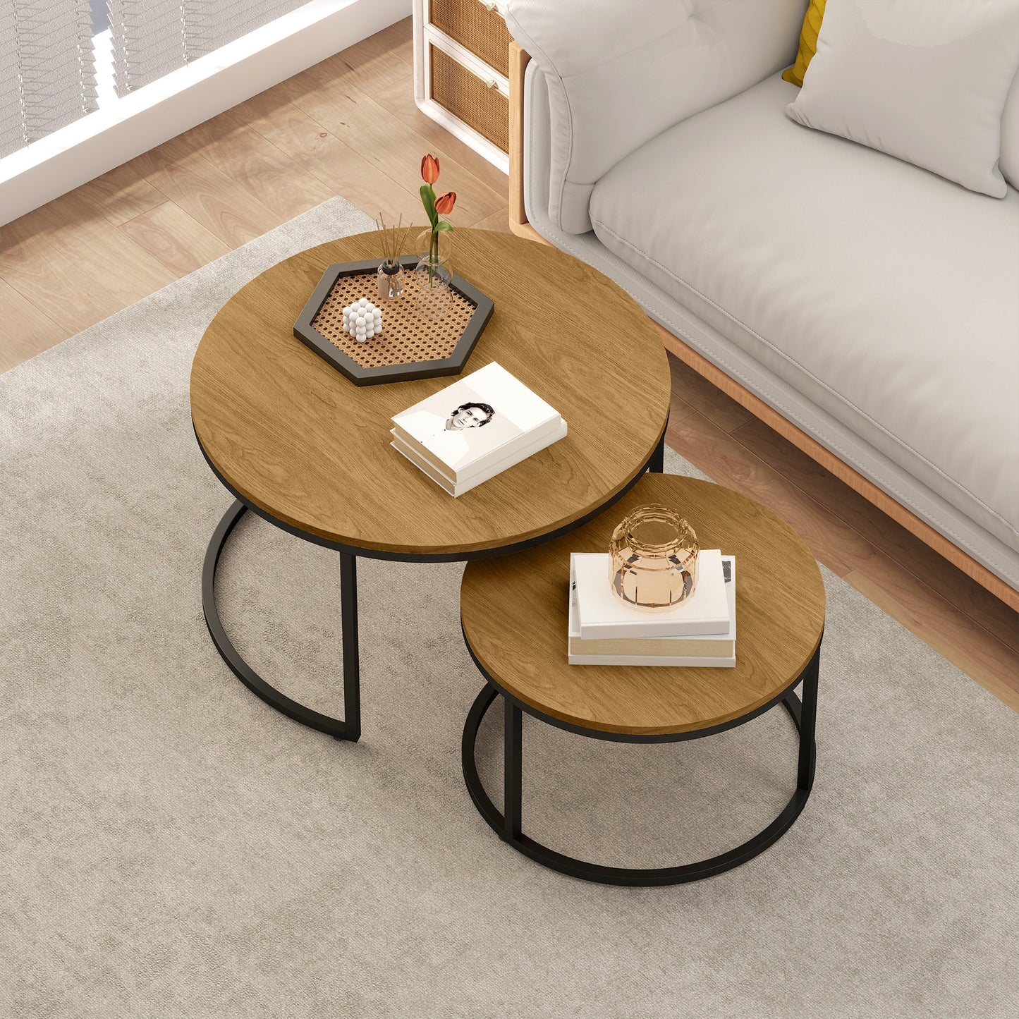 HOMCOM Set Of Two Wood Effect Stacking Tables Brown With Steel Base Small And Large For Compact Overlap Storage