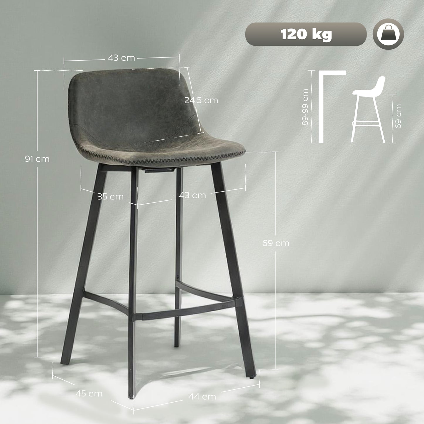 HOMCOM Bar Stools Set Of 2 PU Leather Dining Stools With Backrest And Footrest For Kitchen Counter Breakfast Bar Grey