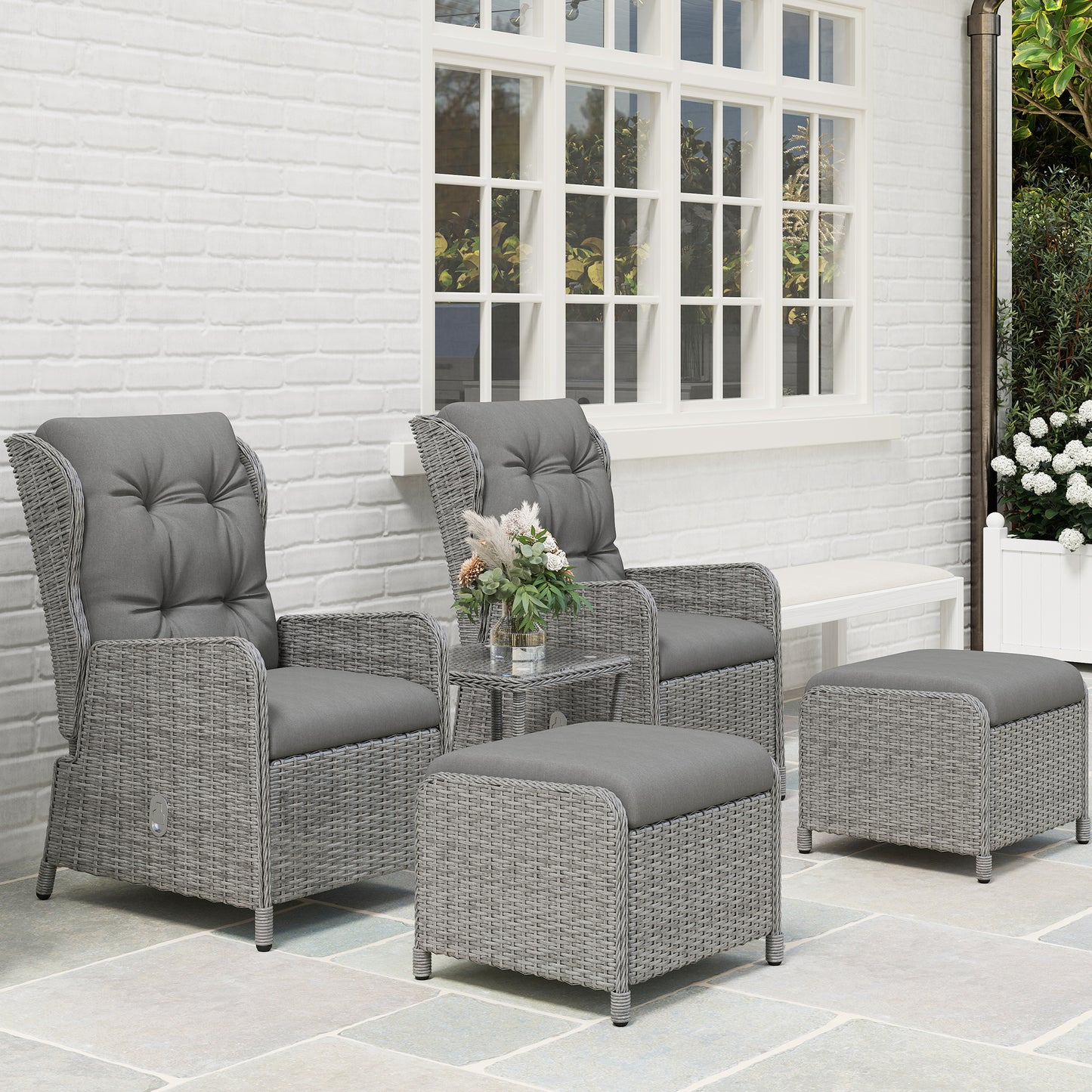 Outsunny 5 Piece Rattan Bistro Set Adjustable Back Reclining Wicker With Cushions Glass Top Table Light Grey
