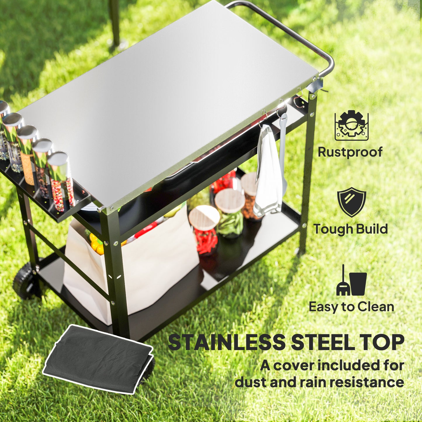 Outsunny Outdoor BBQ Trolley With Stainless Steel Top Adjustable Shelf Movable Grill Cart With Hooks Cover Black