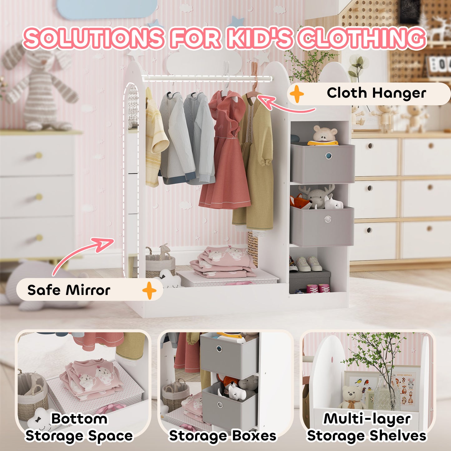 AIYAPLAY Kids Clothes Rail Wardrobe With Storage Shelf And Boxes Mirror For Bedroom And Nursery White