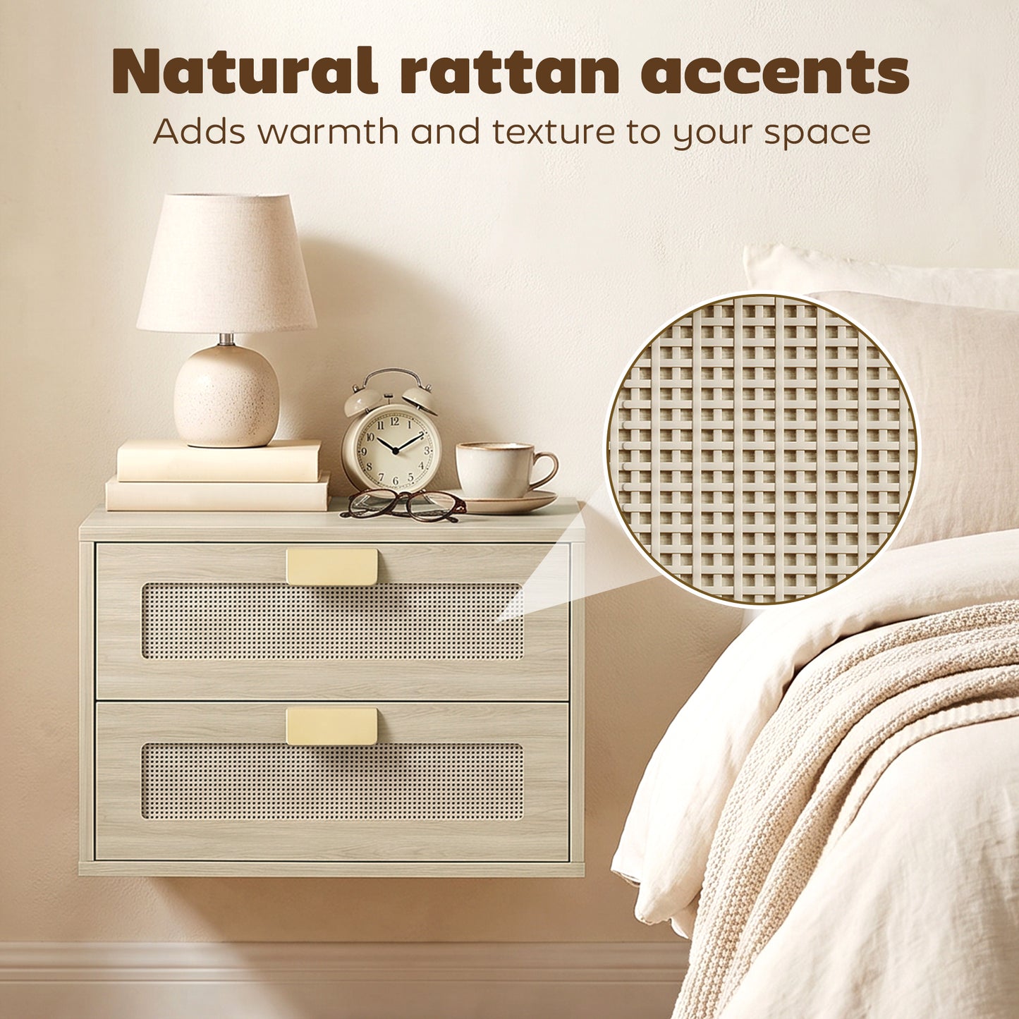 Modern Wall Mounted Floating Nightstand With 2 Drawers In Oak Set