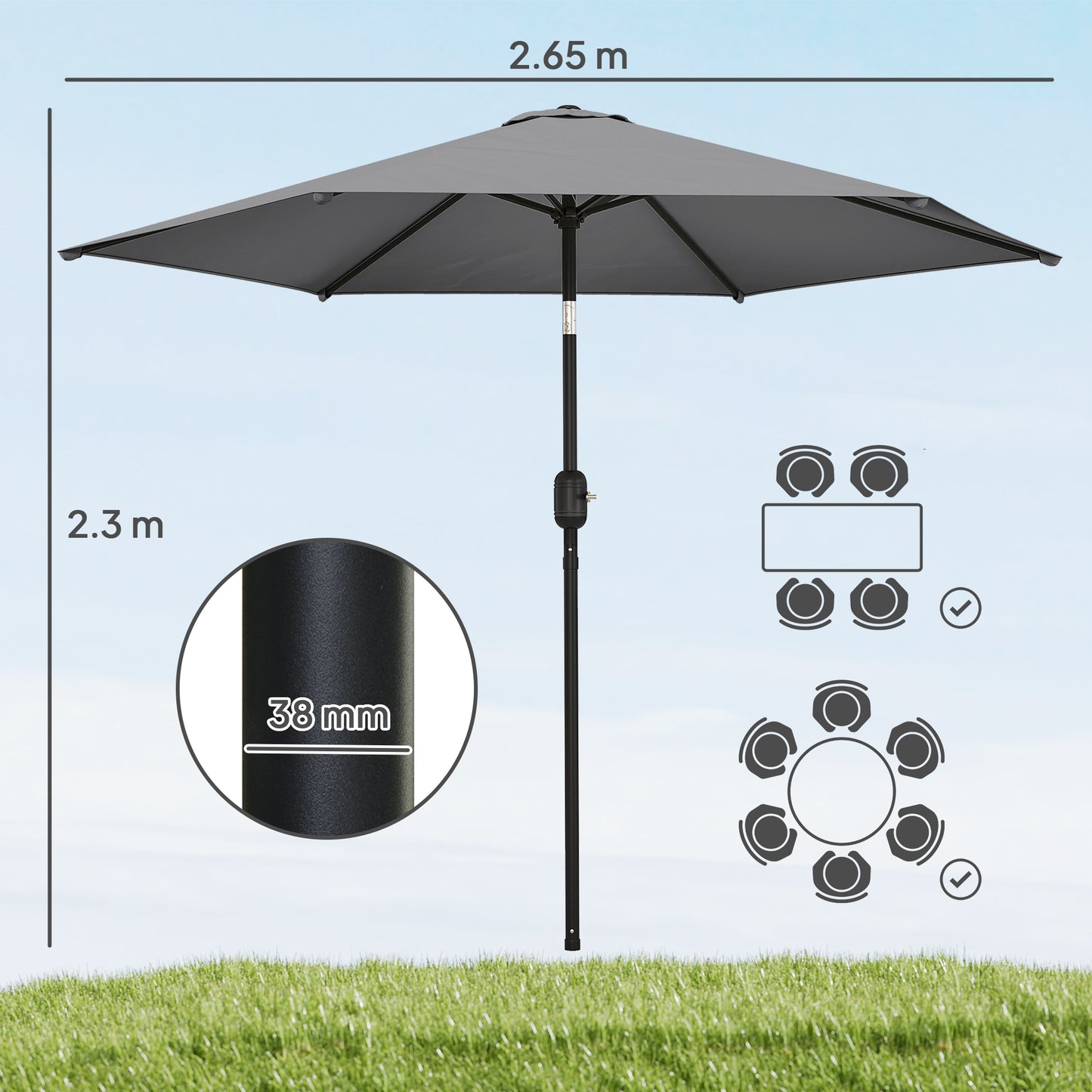 Outsunny 2.6m Garden Parasol Umbrella With Aluminium Pole Outdoor Patio Umbrella With Tilt And Crank Vent Grey