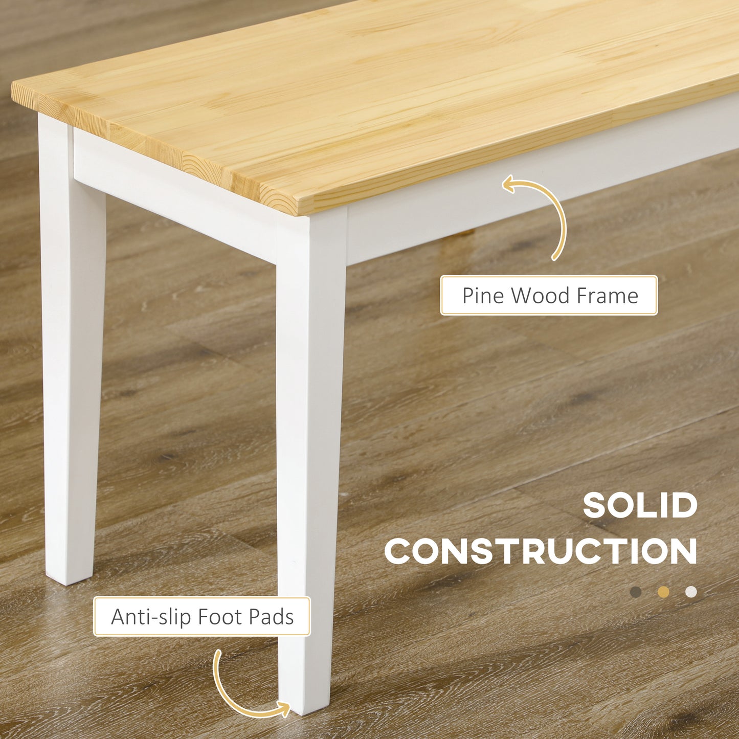 HOMCOM Farmhouse Dining Table and Bench Set with Pine Wood Frame Natural and White Finish for Kitchen and Dining Room