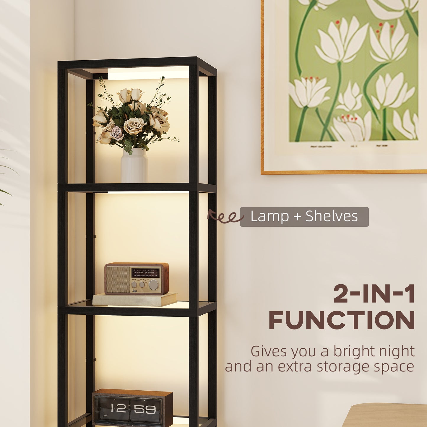HOMCOM Four Shelf Floor Lamp With Four Warm White LEDs And Storage Shelves And Tempered Glass Black Finish