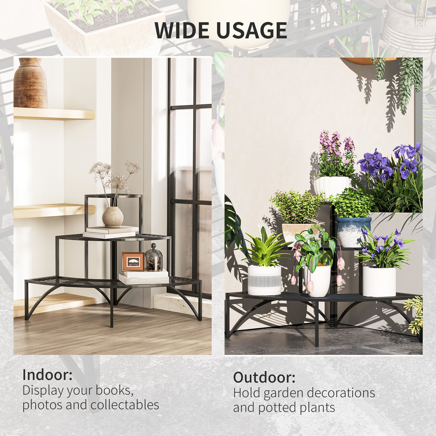Outsunny Black Three Tier Corner Metal Plant Shelf Stand Rust Resistant Powder Coated Finish