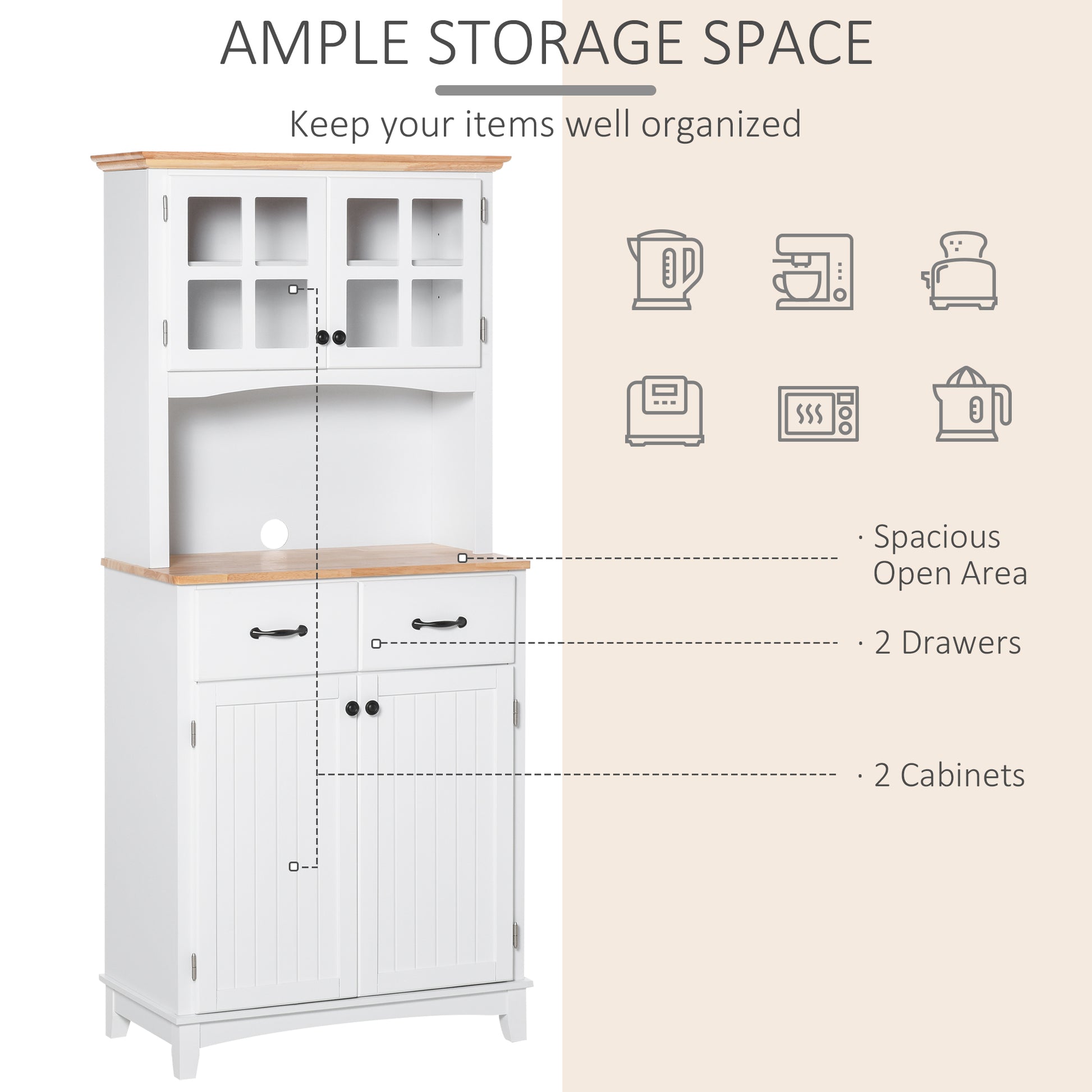 HOMCOM Stylish White Kitchen Storage Cabinet with Glass Doors, Drawers, and Microwave Stand - ALL4U RETAILER LTD